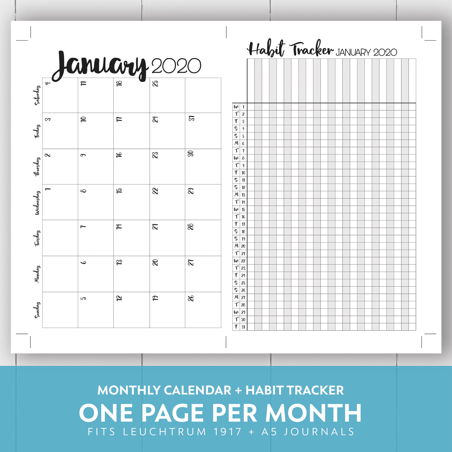 2019 + 2020 Monthly Printable Calendar + Habit Tracker Kit