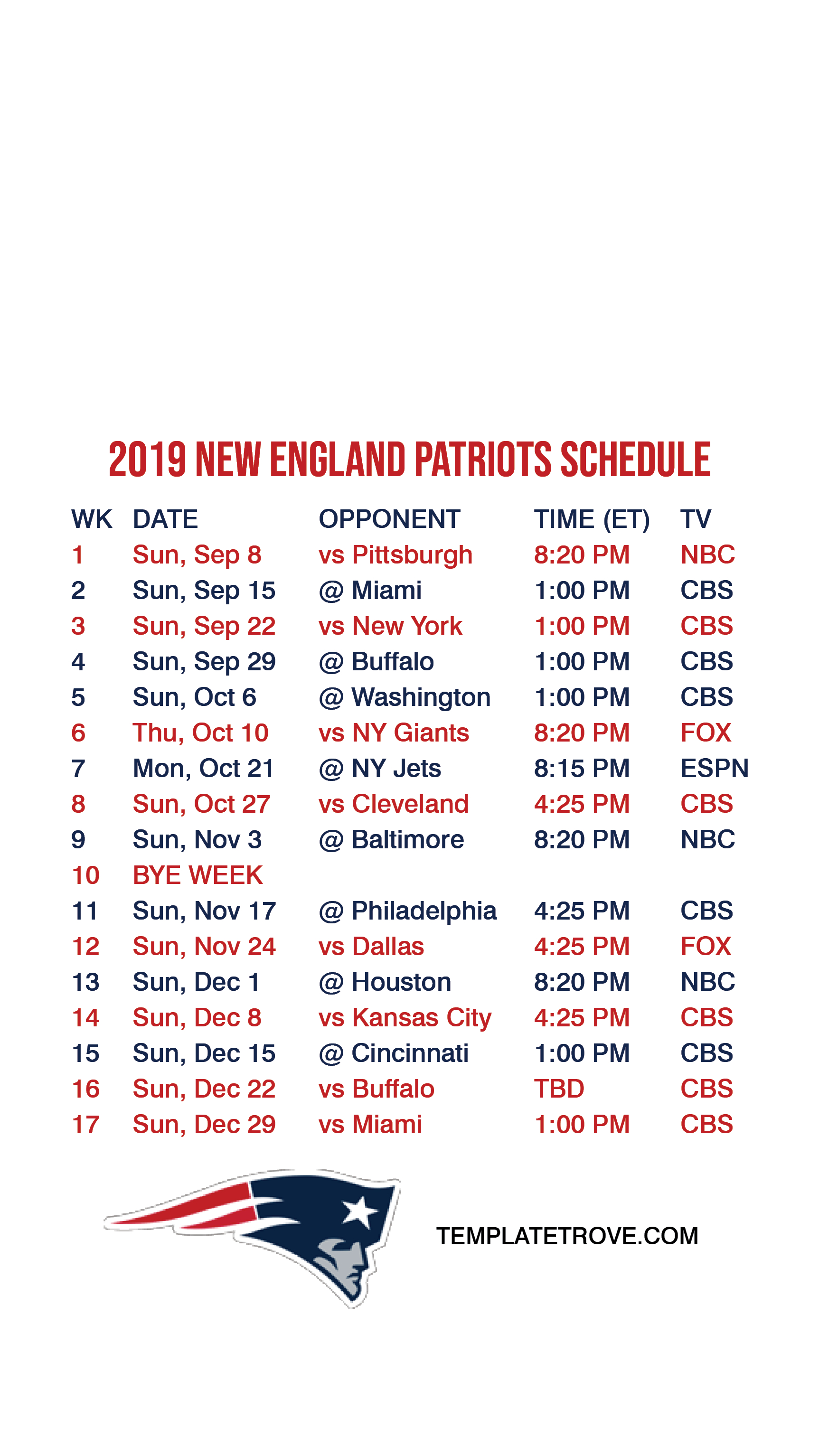 2019-2020 New England Patriots Lock Screen Schedule For