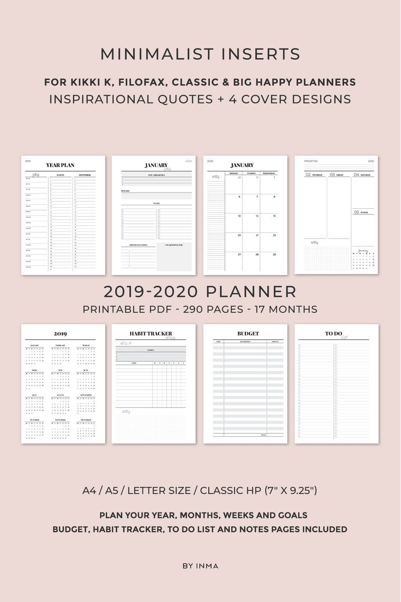 2019 2020 Planner Printable, Minimalist Planner, Monthly Planner, Weekly  Planner, Printable Planner Pages, Kikki K Inserts, Filofax Inserts