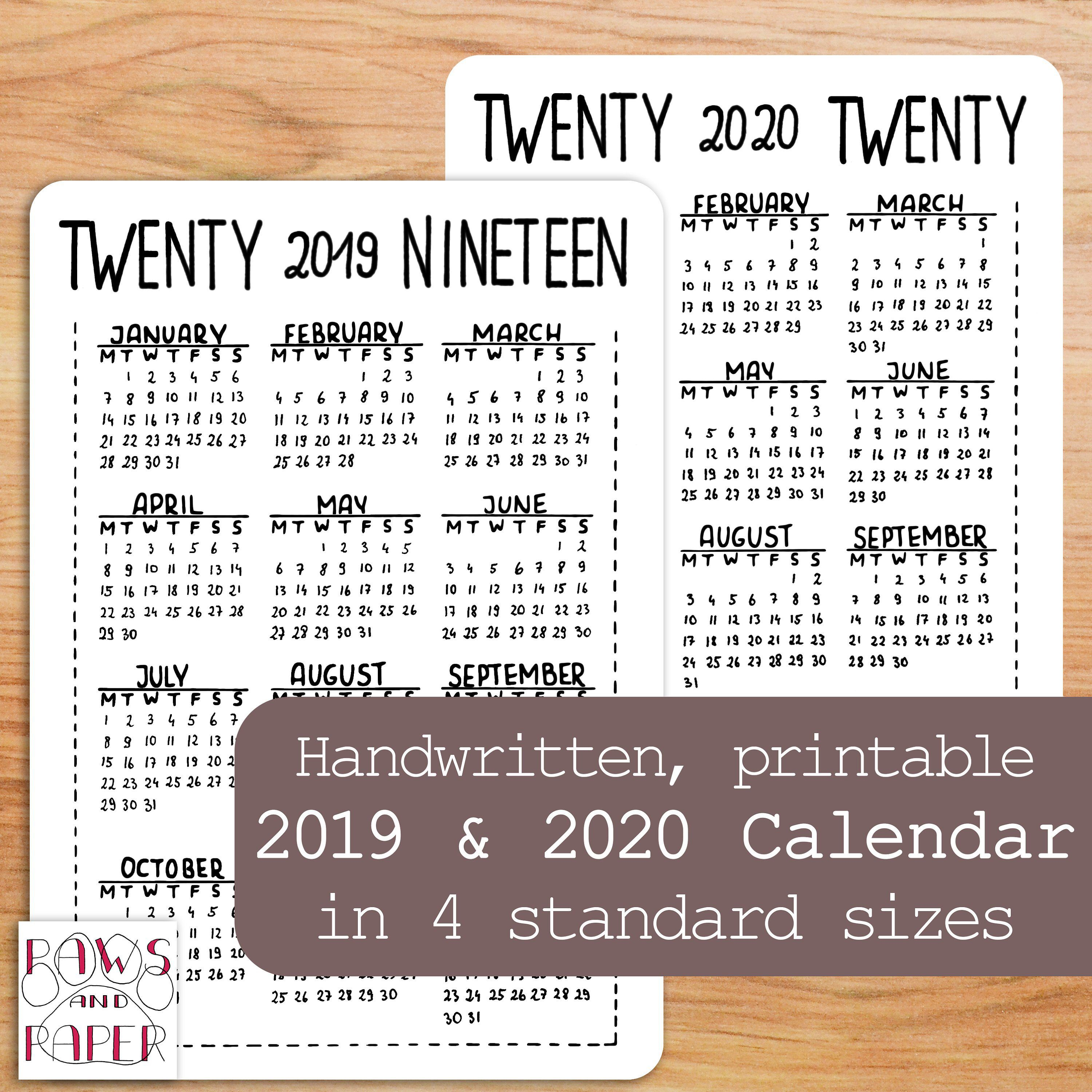 2019 2020 Printable Calendar, Year At A Glance, Planner