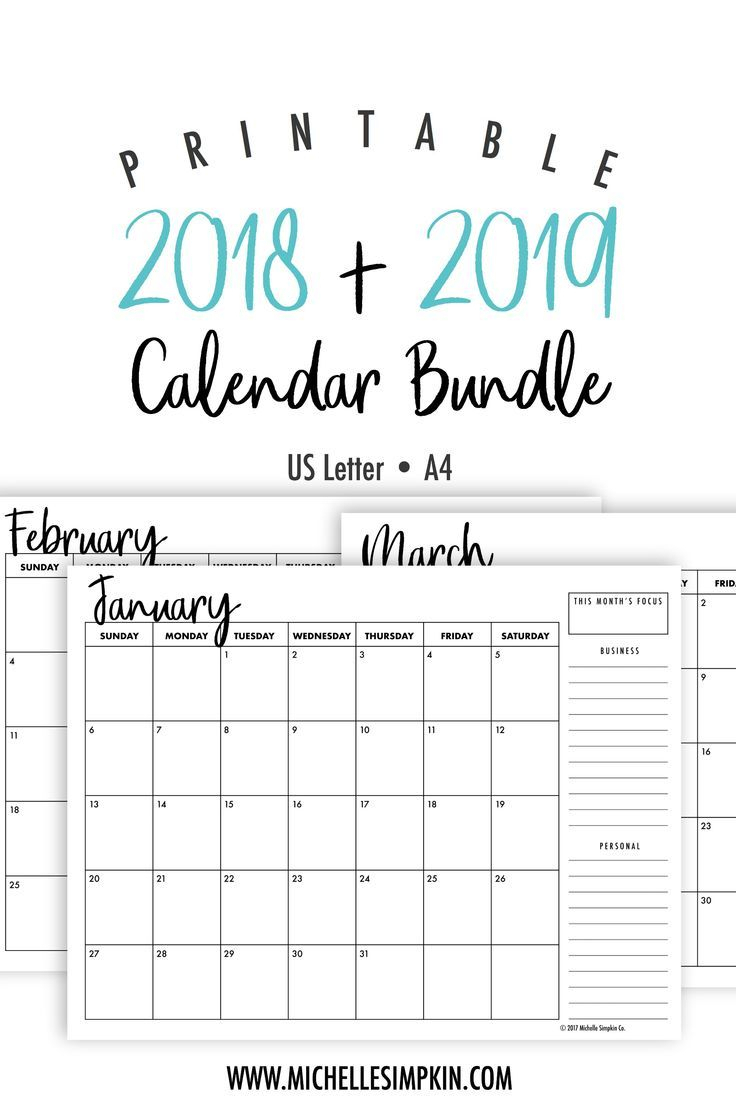 2019 &amp; 2020 Printable Monthly Calendars Bundle • Landscape
