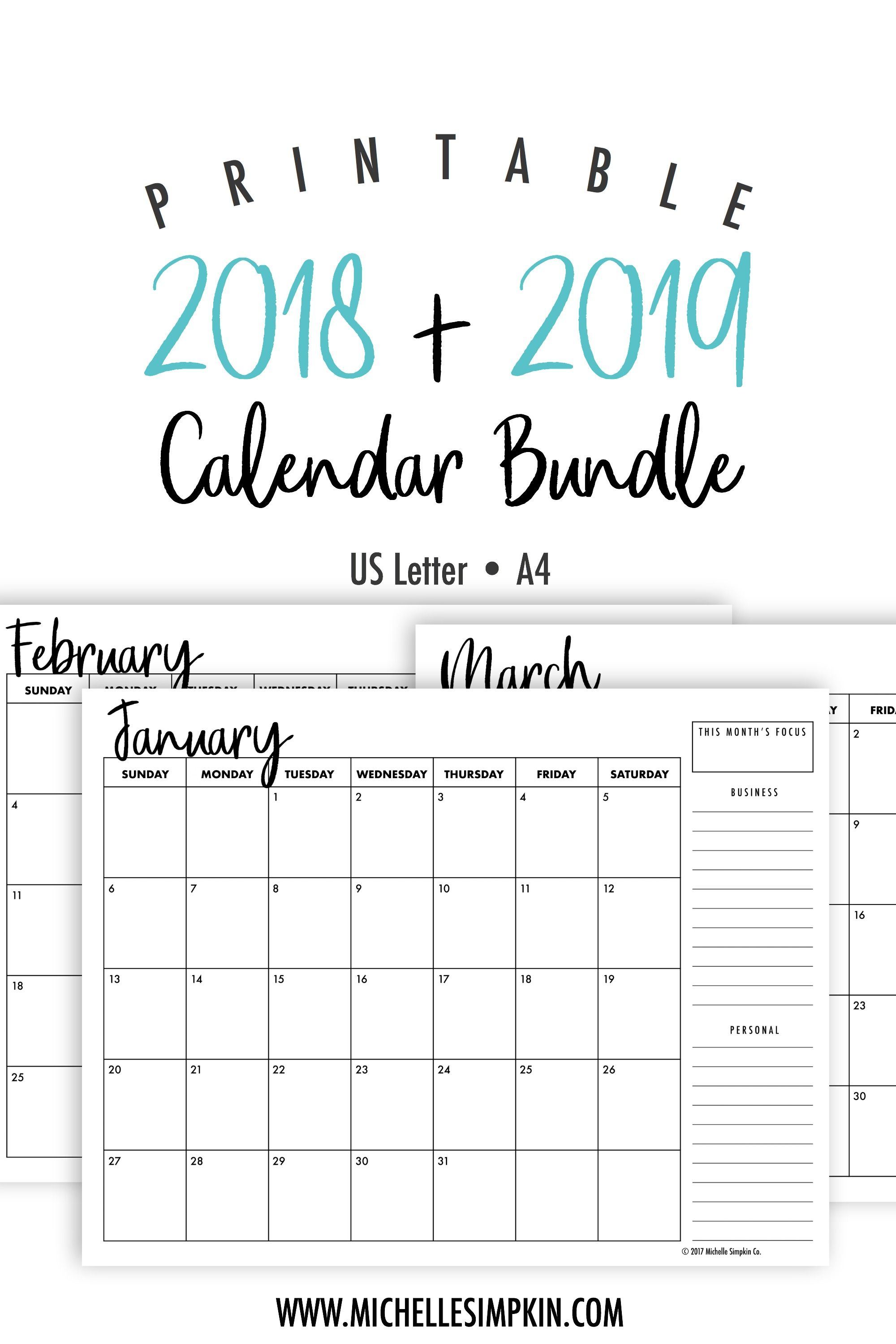 2019 &amp; 2020 Printable Monthly Calendars Bundle • Landscape