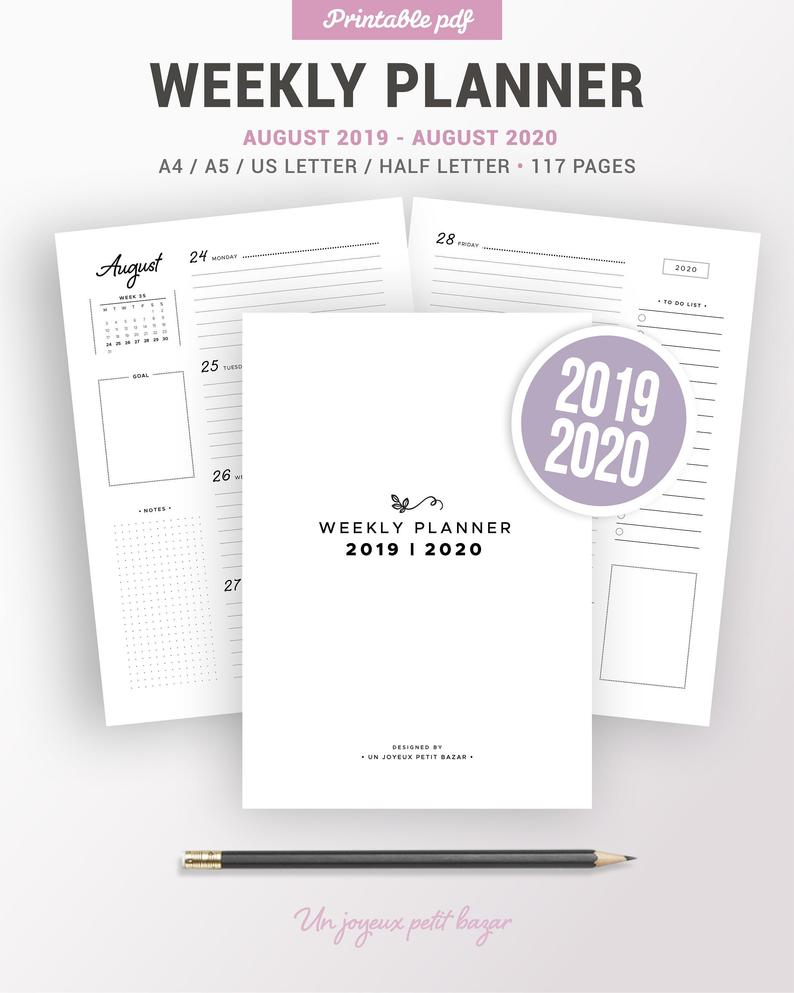 2019 2020 Weekly Planner Printable, Agenda Refill, Pdf Diary, Organiser,  Weekly Schedule, Wo2P, Filofax Inserts, A5, A4, Letter &amp; Half Size