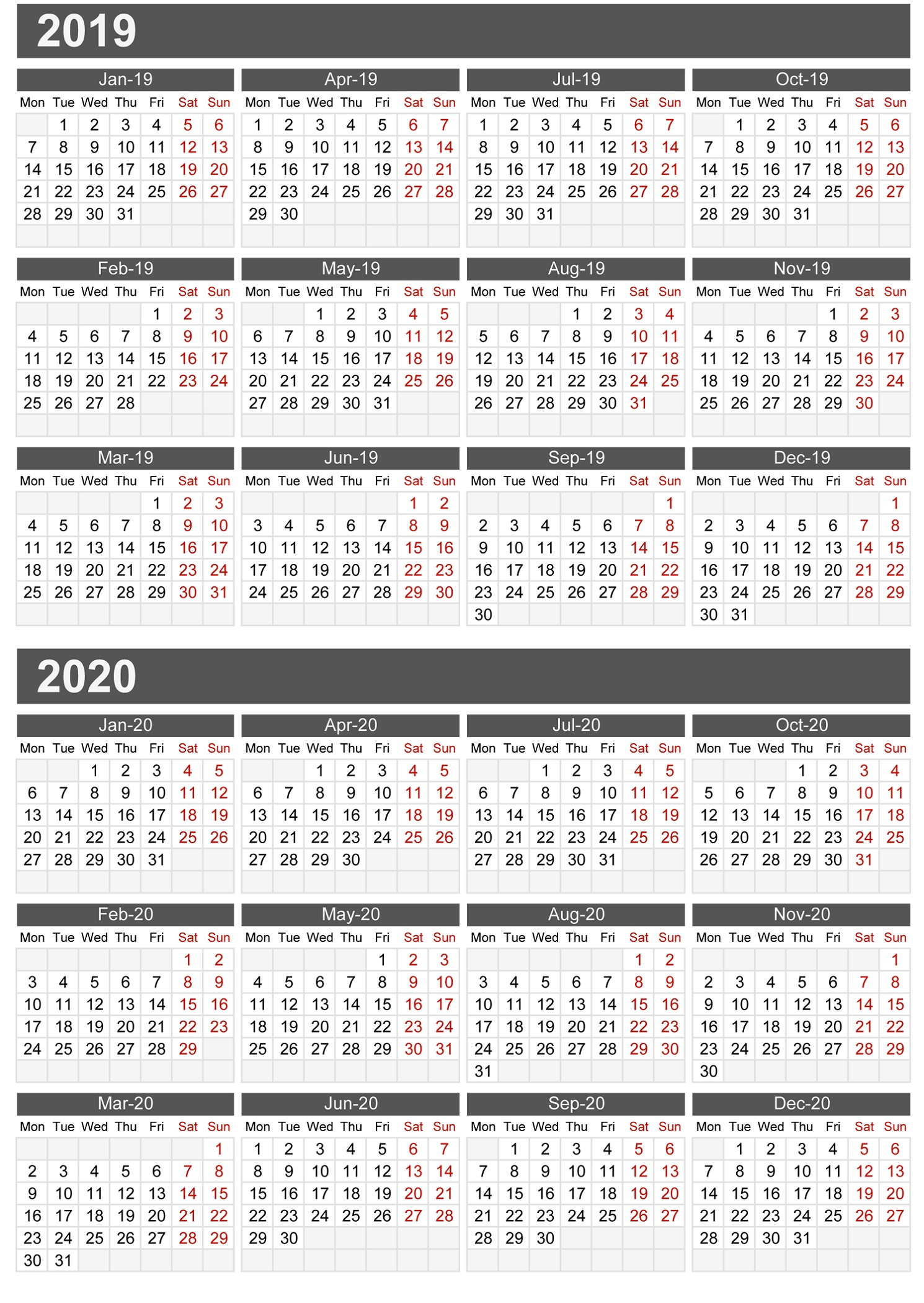 2019 And 2020 Calendar Printable | Calendar Shelter