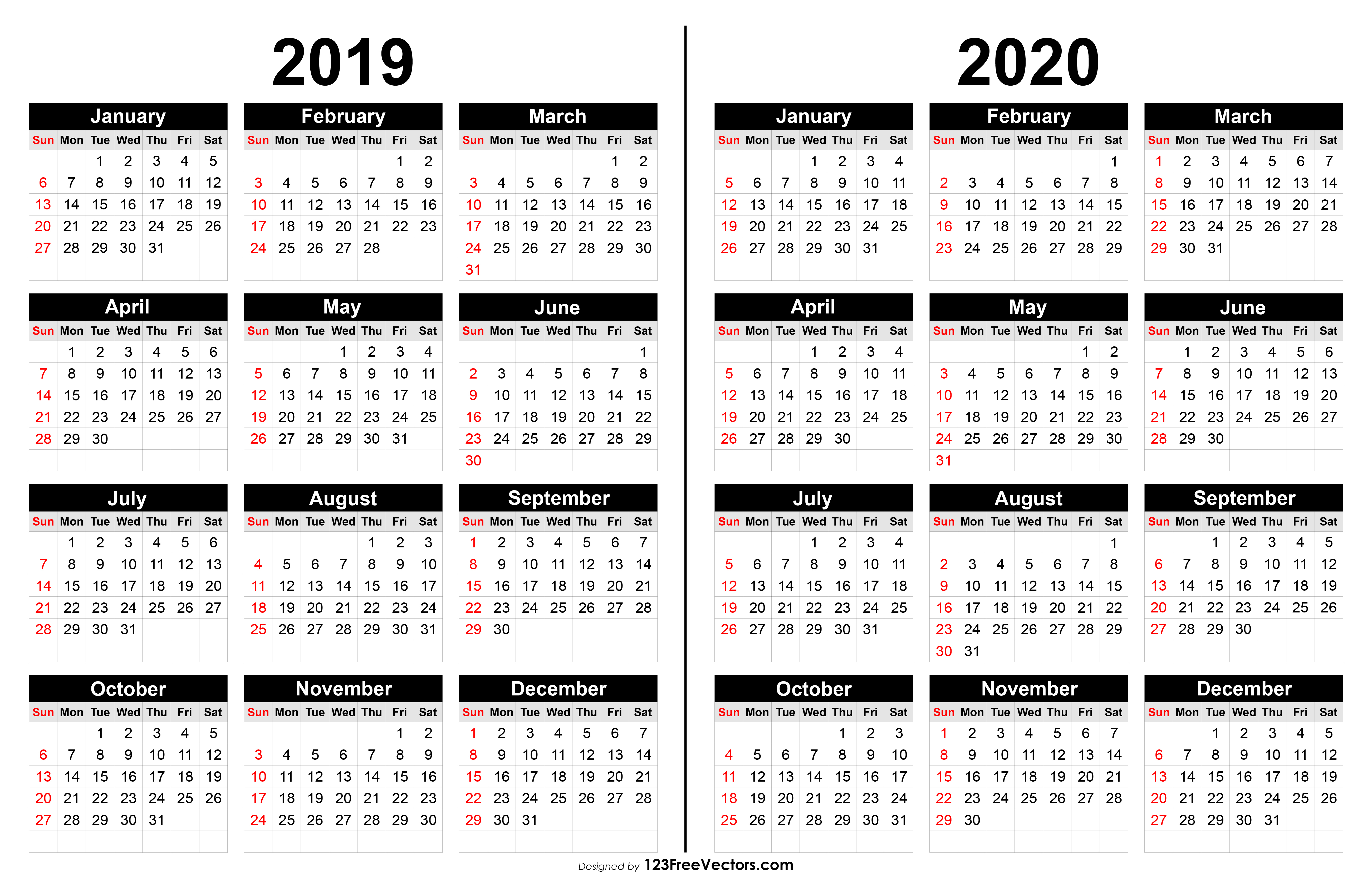 2019 And 2020 Calendar Printable