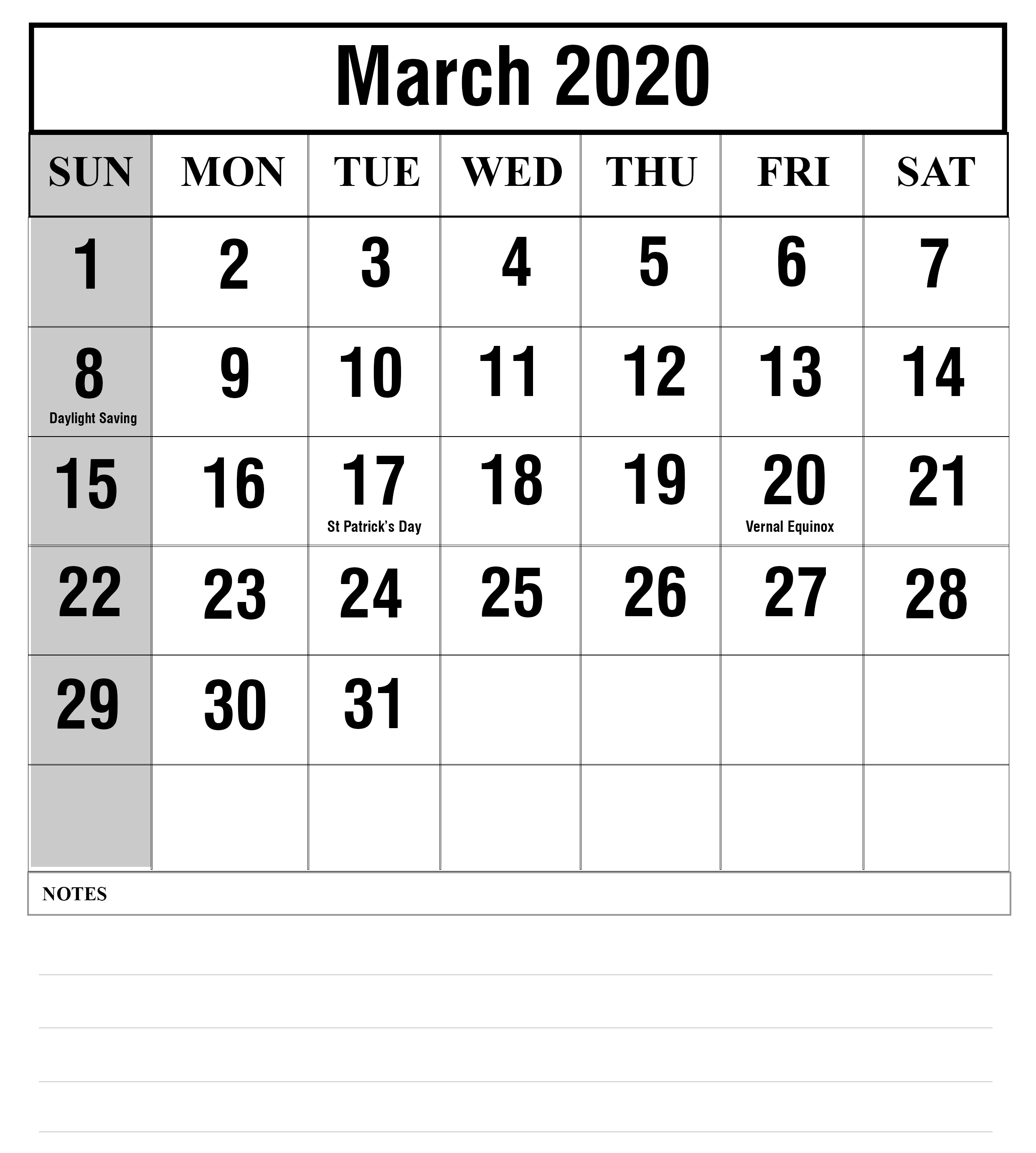 2019 Calendar 2020 Printable With Holidays - Free Printable