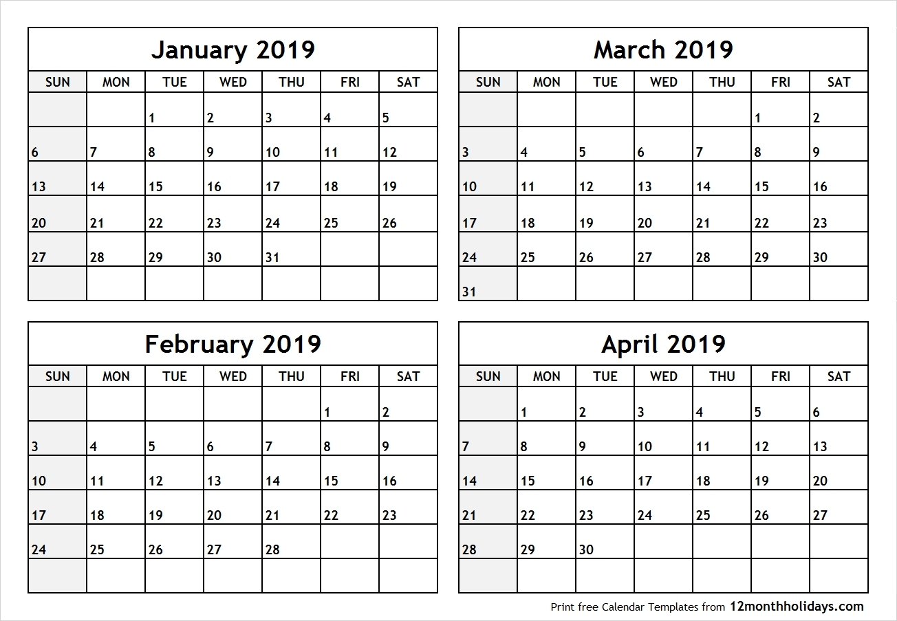 2019 Calendar 4 Months Per Page • Printable Blank Calendar