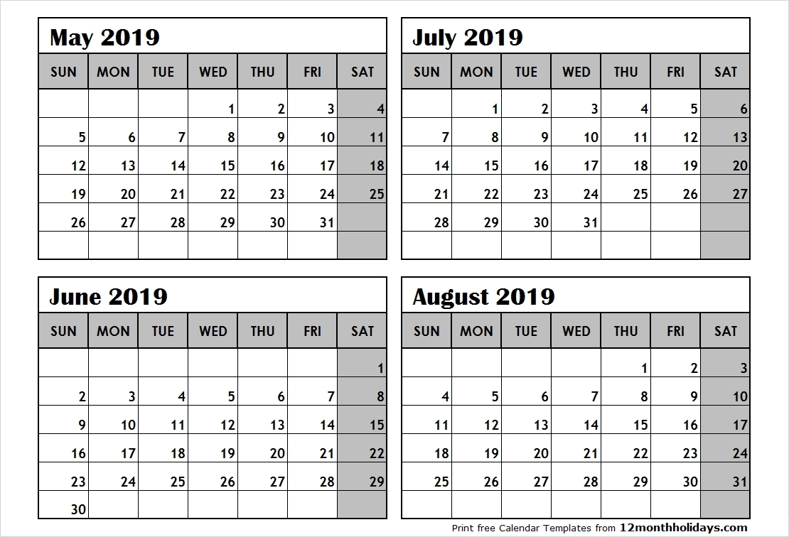 2019 Calendar 4 Months Per Page • Printable Blank Calendar