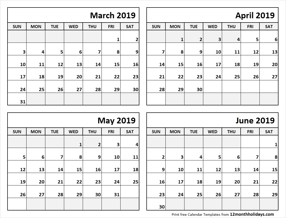 2019 Calendar 4 Months Per Page • Printable Blank Calendar