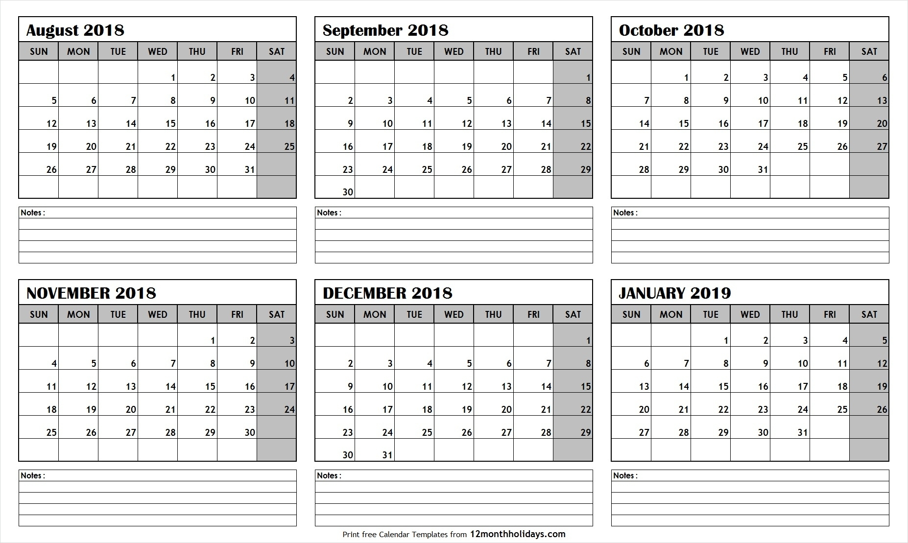 2019 Calendar 6 Month • Printable Blank Calendar Template