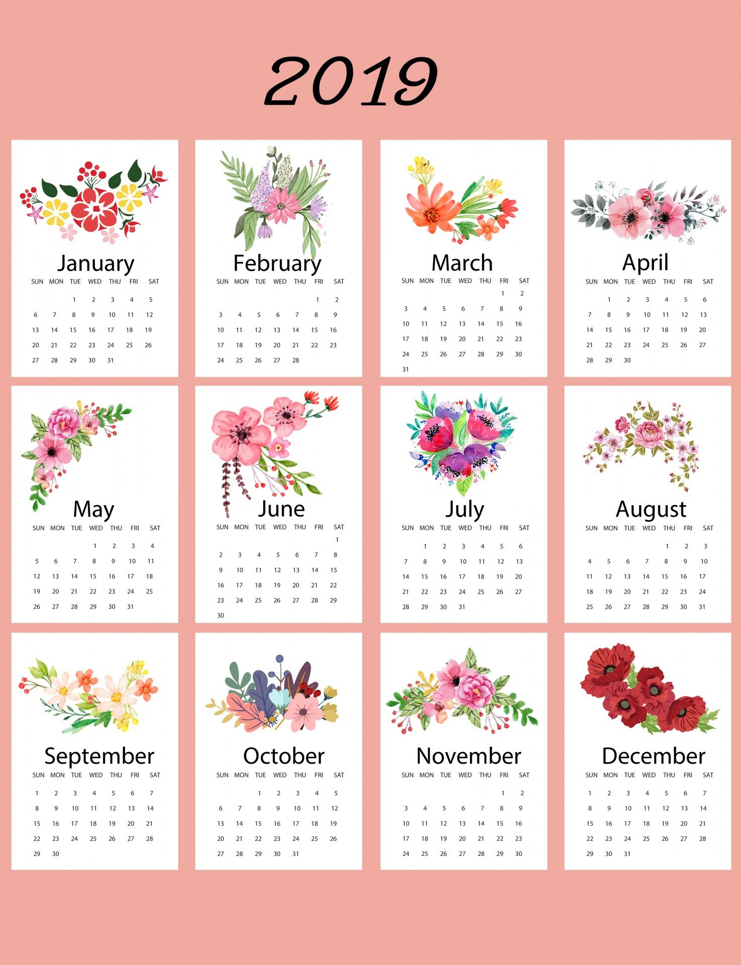 2019 Calendar Floral Template | Mom | Calendar 2019