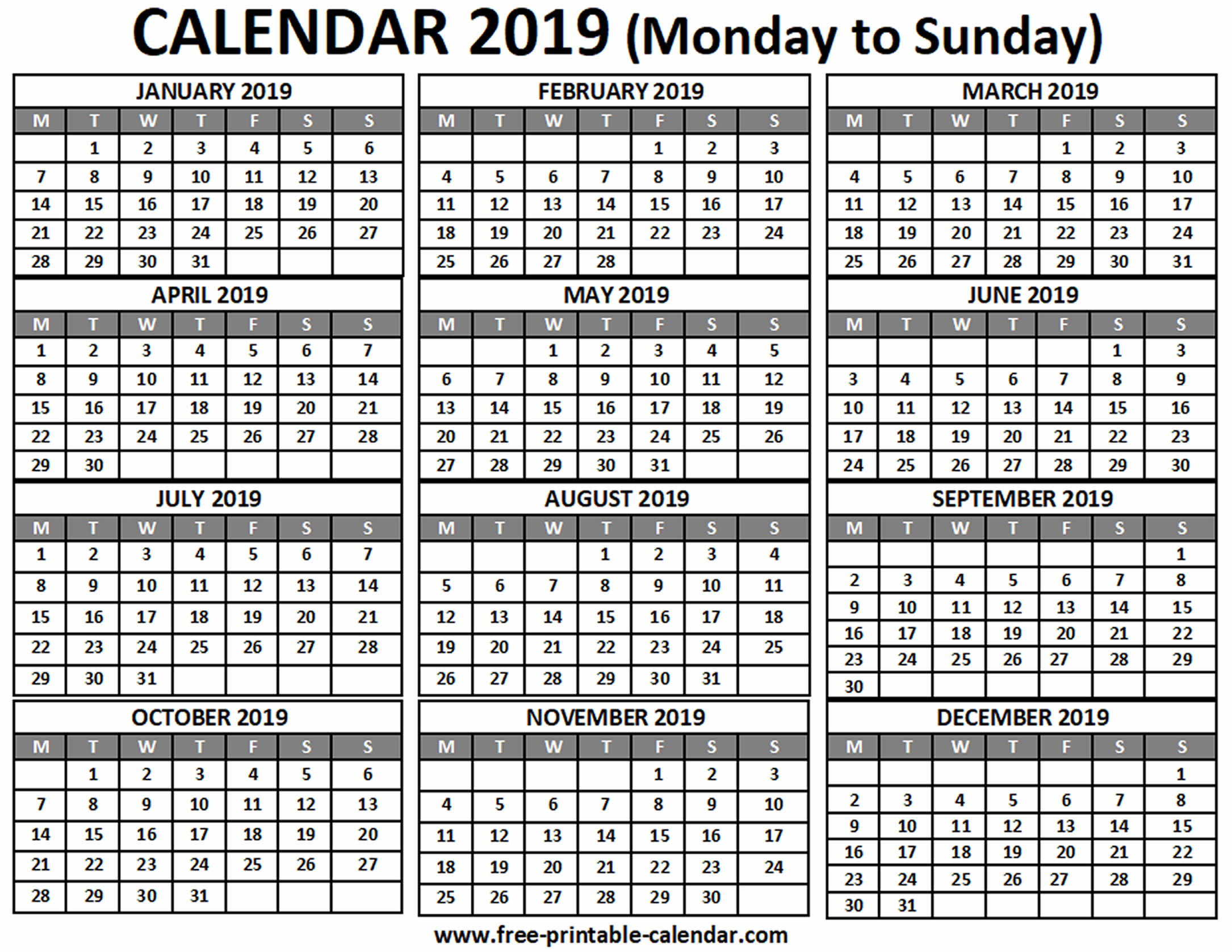 2019 Calendar - Free-Printable-Calendar