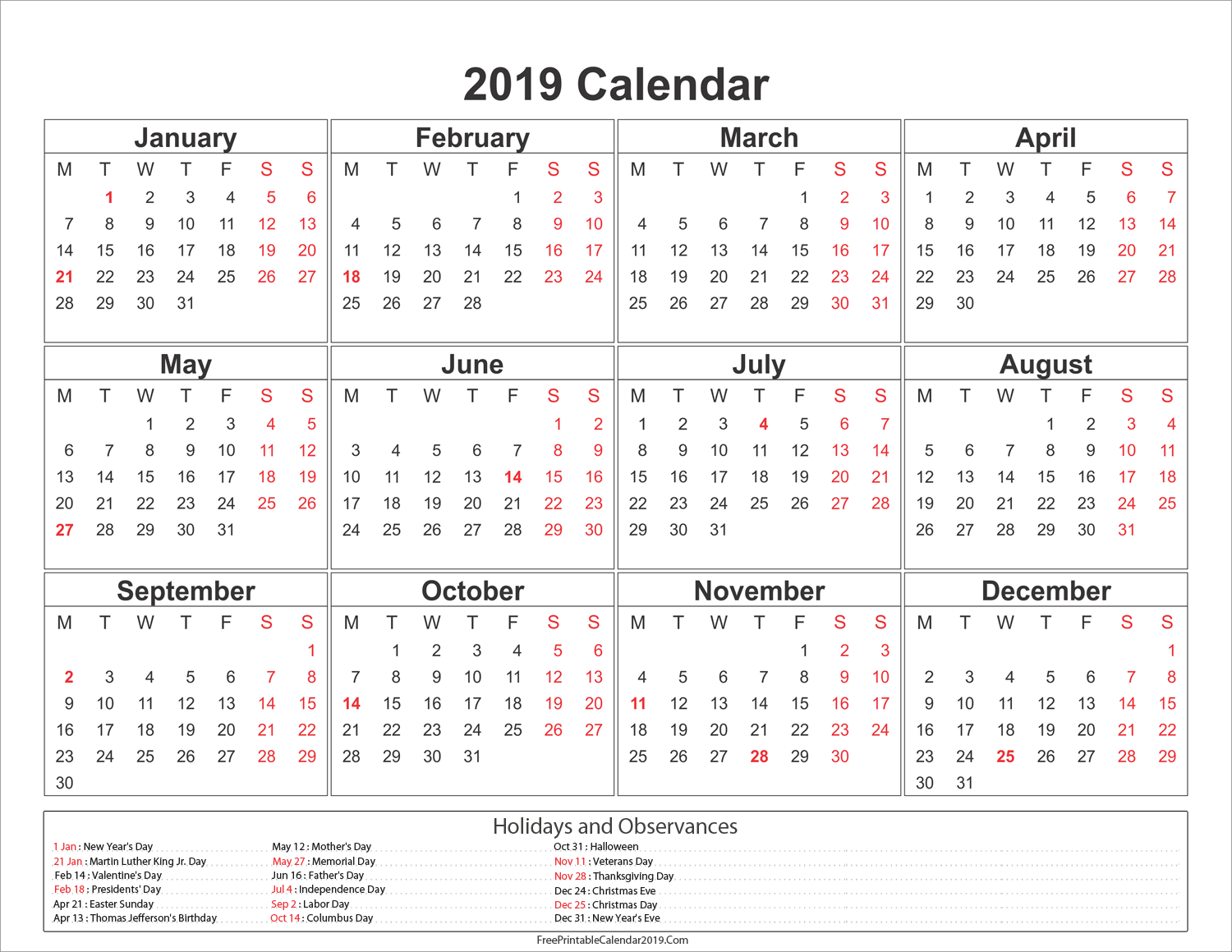 2019 Calendar Printable Free Templates - Printable Calendar 2019