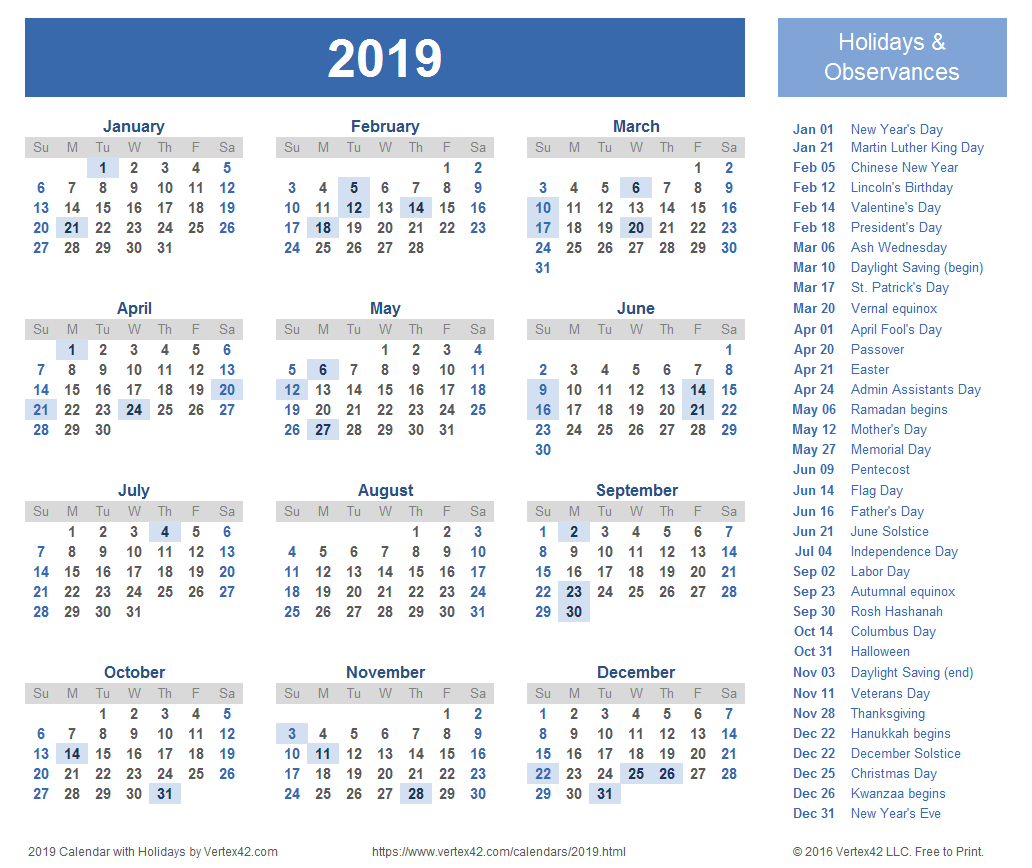 Calendar Template By Vertex42