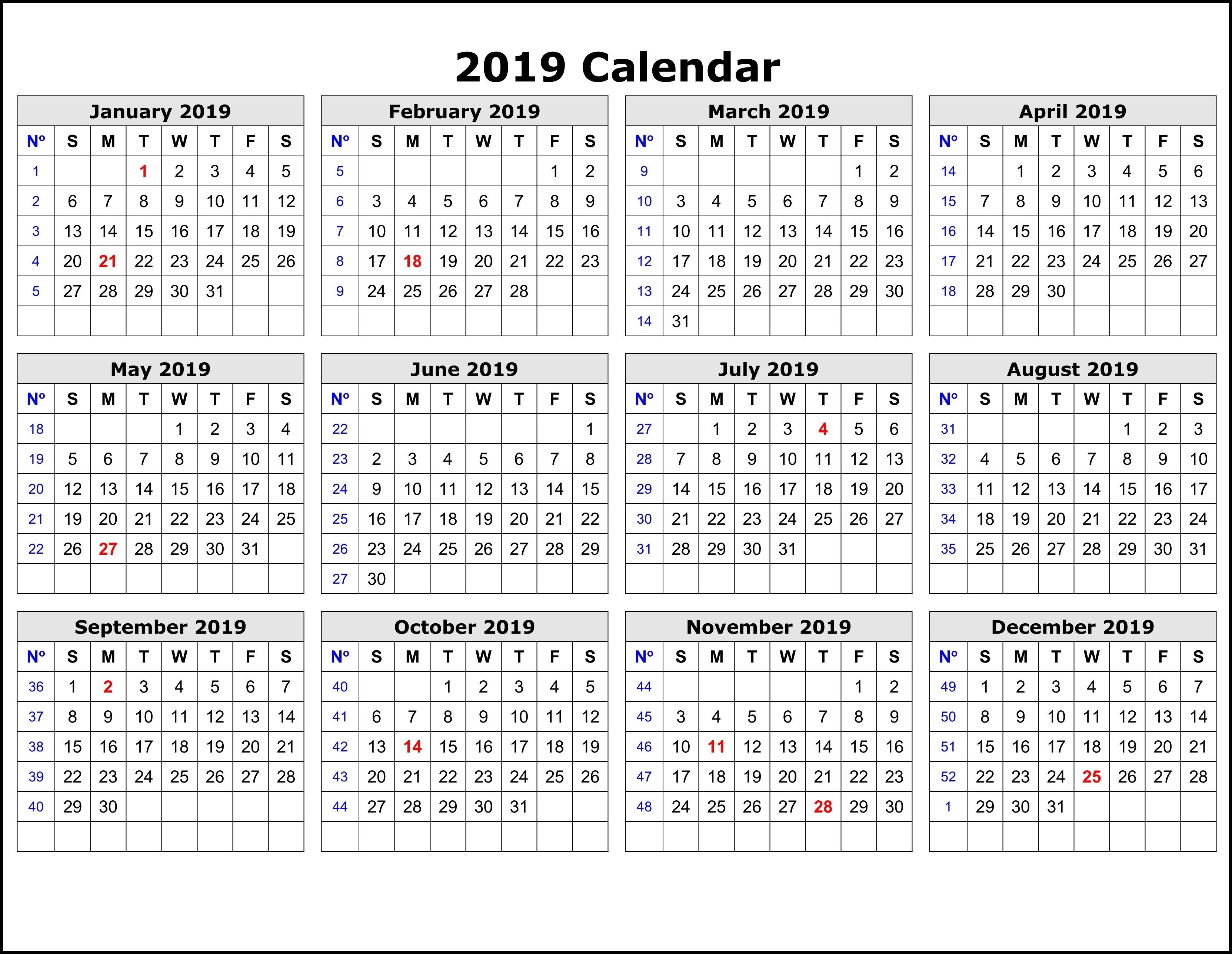 2019 Calendar Templateweek | 2019 Calendar Template In