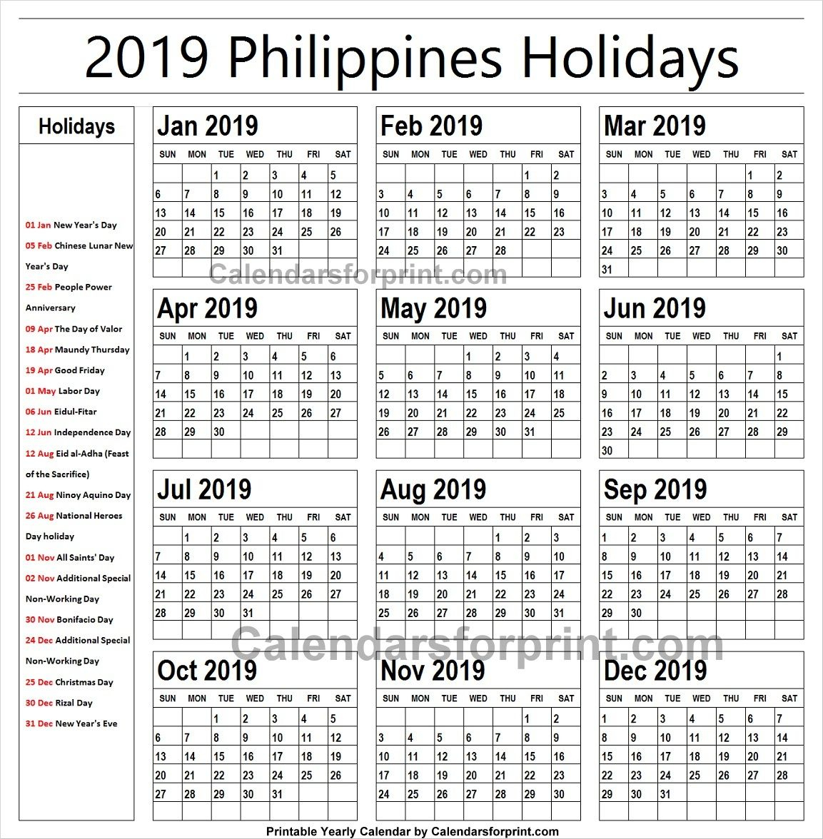 2019 Calendar With Holidays Philippines Printable | Holidays