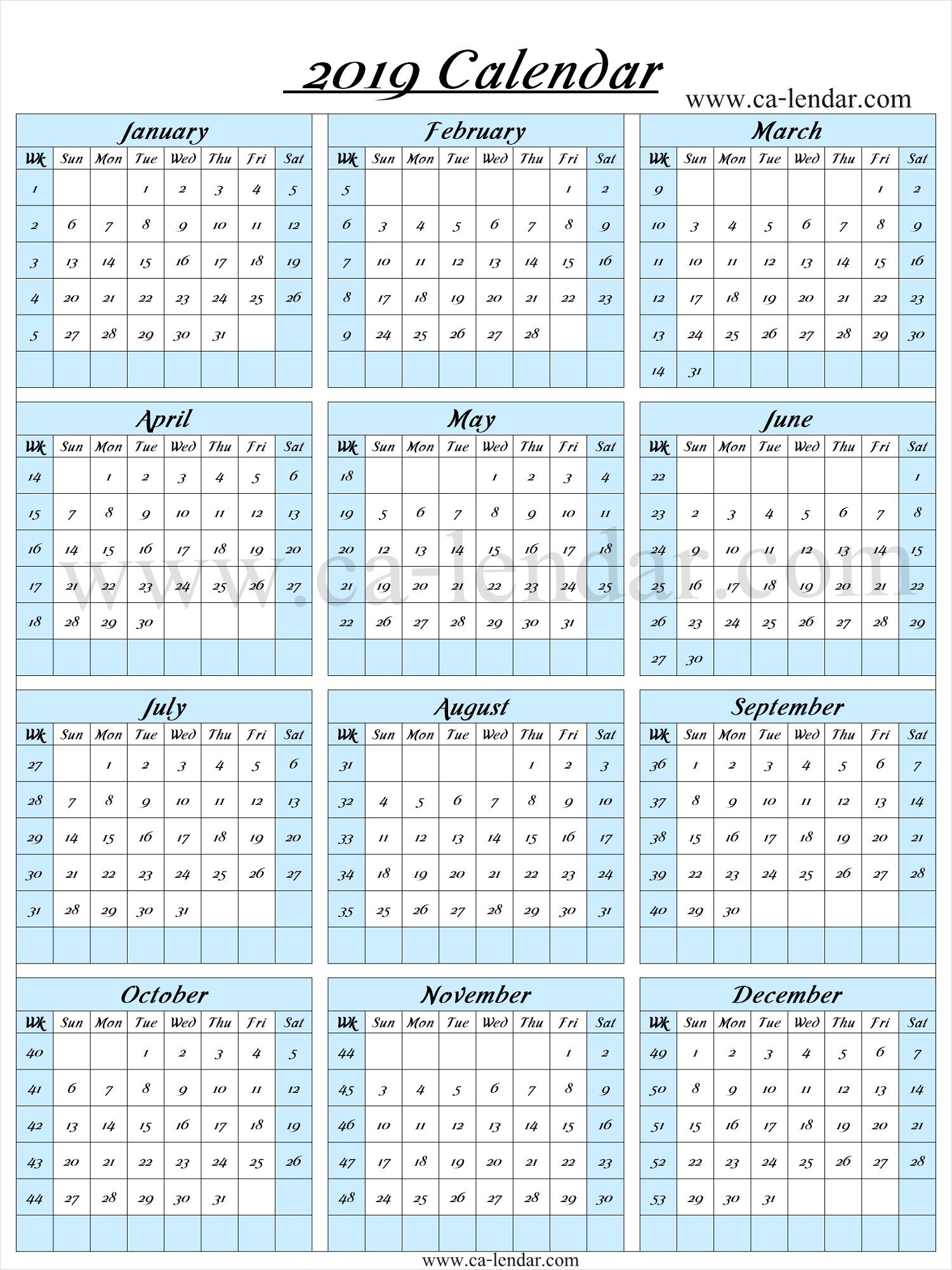 2019 Calendar With Week Numbers | 2019 Calendar Template
