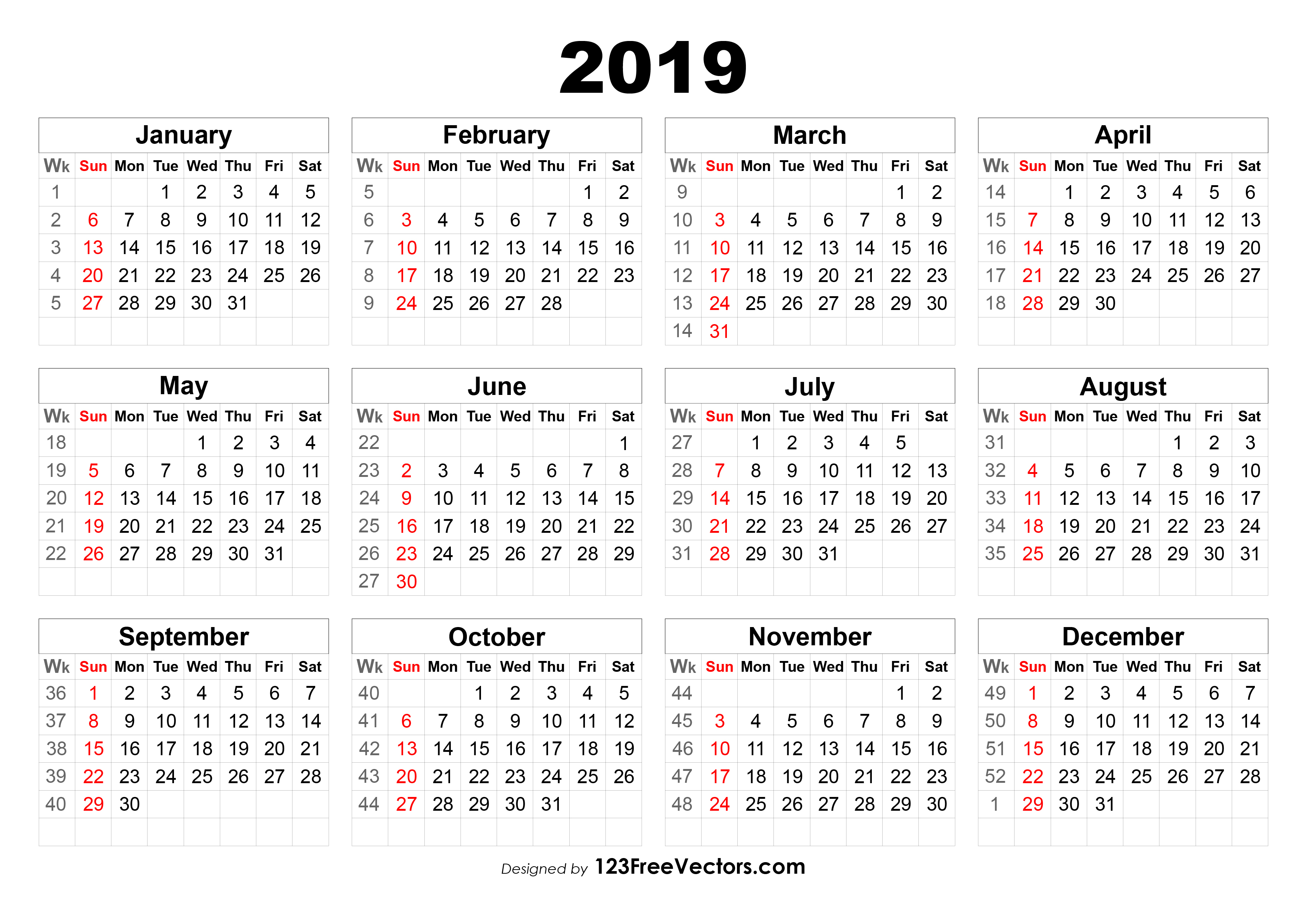 2019 Calendar With Week Numbers