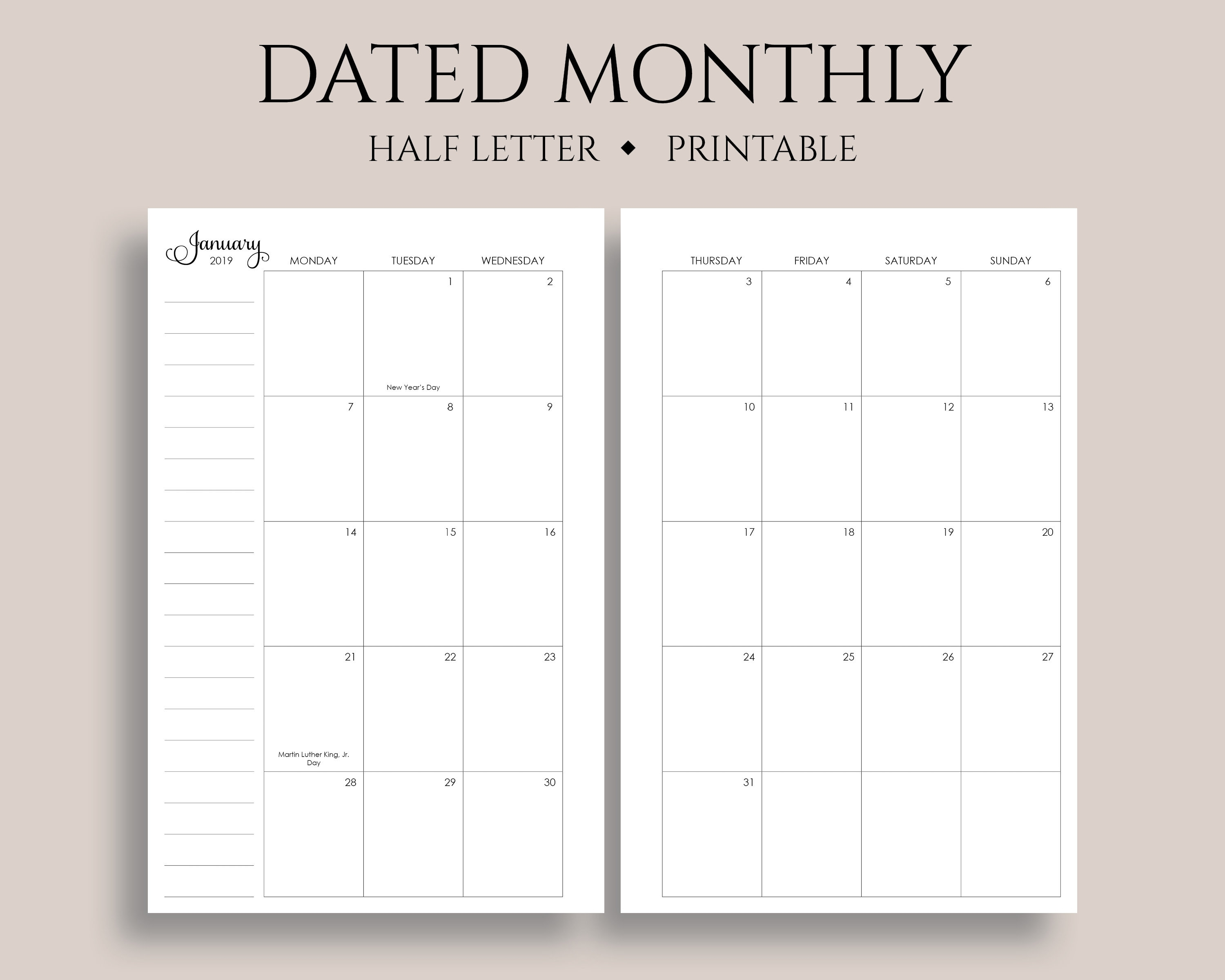 2019 Dated Monthly Calendar Printable Planner Inserts Monday