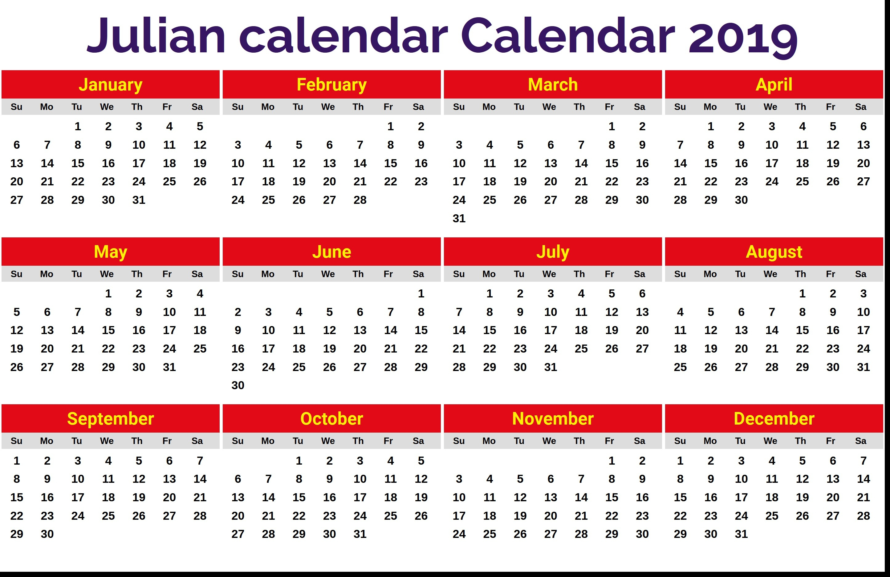 2019 Julian Calendar Quadax | Isacl