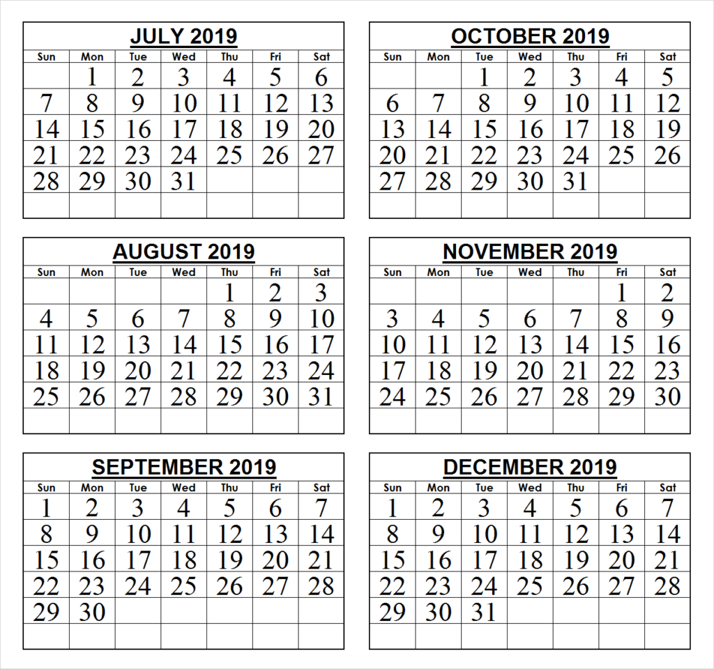 2019 Last 6 Months Calendar | 2019 Calendars | June 2019