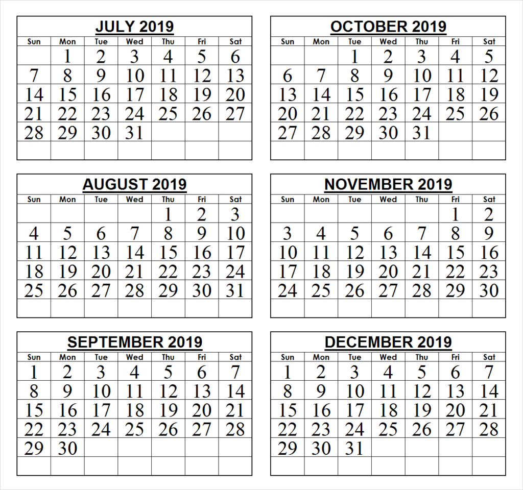 2019 Calendar August Through December Example Calendar Printable