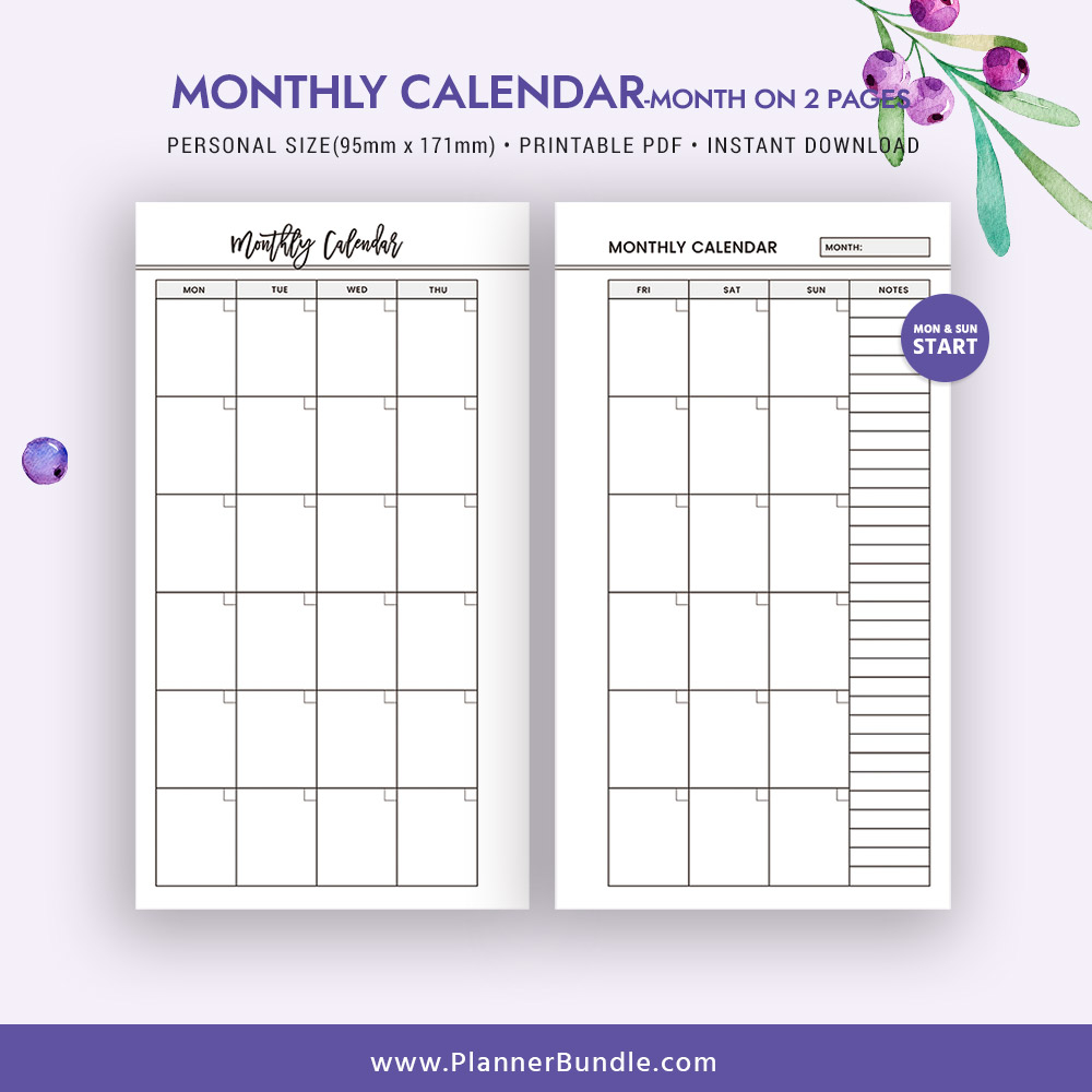 2019 Monthly Calendar, Month On 2 Pages, 2019 Printable Page, Personal  Size, Refill, Filofax Personal, Instant Download, Planner Pages, Planner