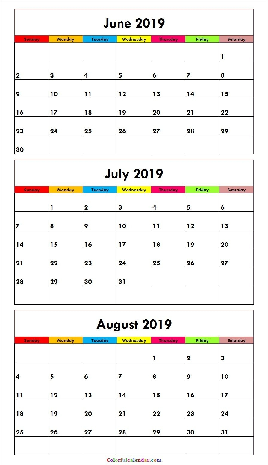 2019 Monthly Calendar Printable For June July And August