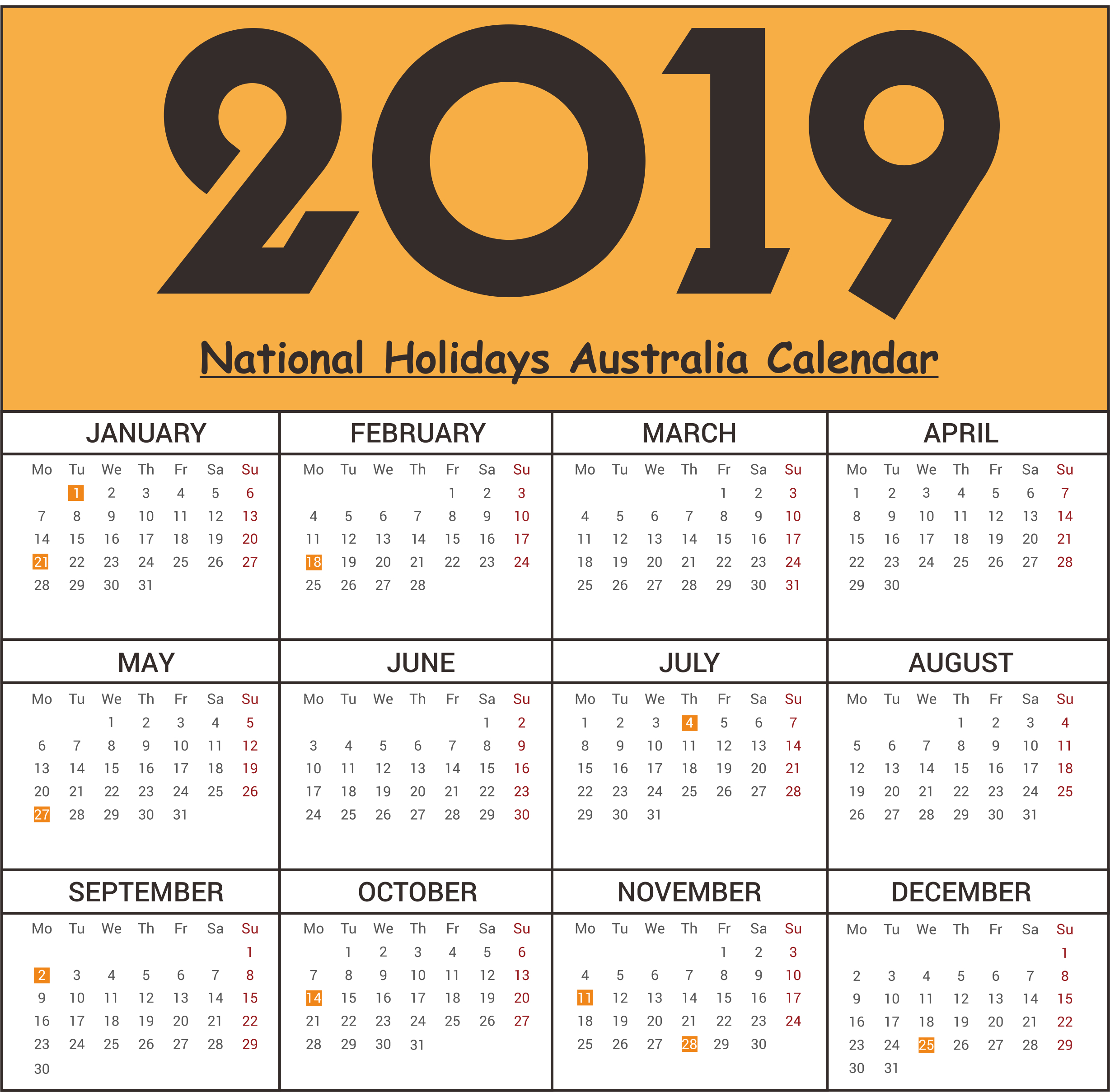 2019 National Holidays Australia Calendar #2019Calendar