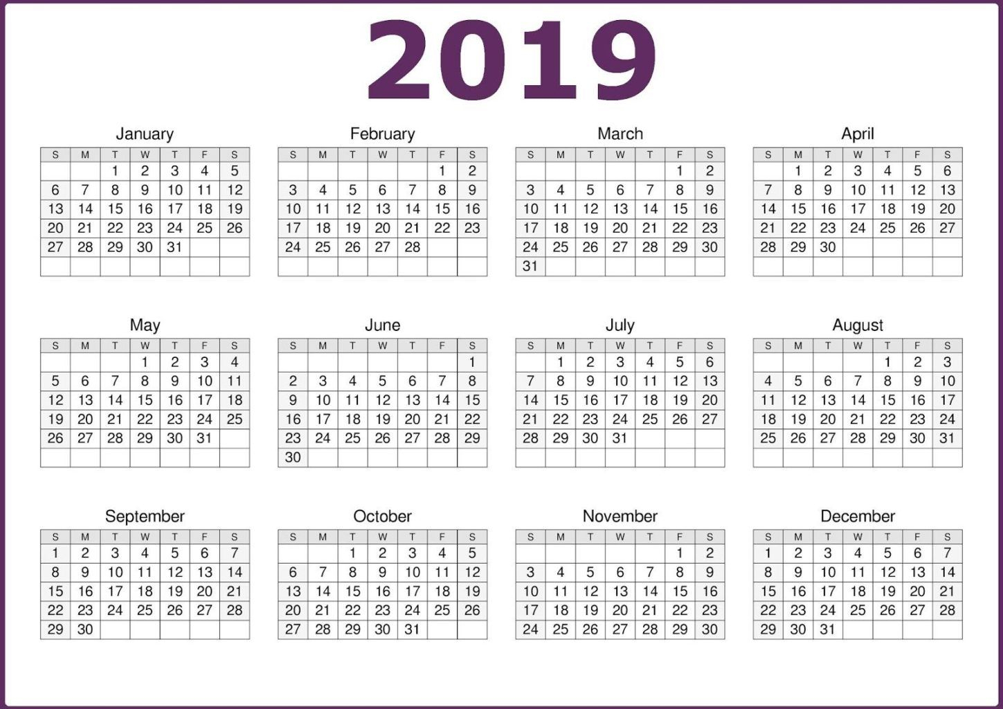 2019 One Page Calendar Printable | 2019 Calendars | 12 Month