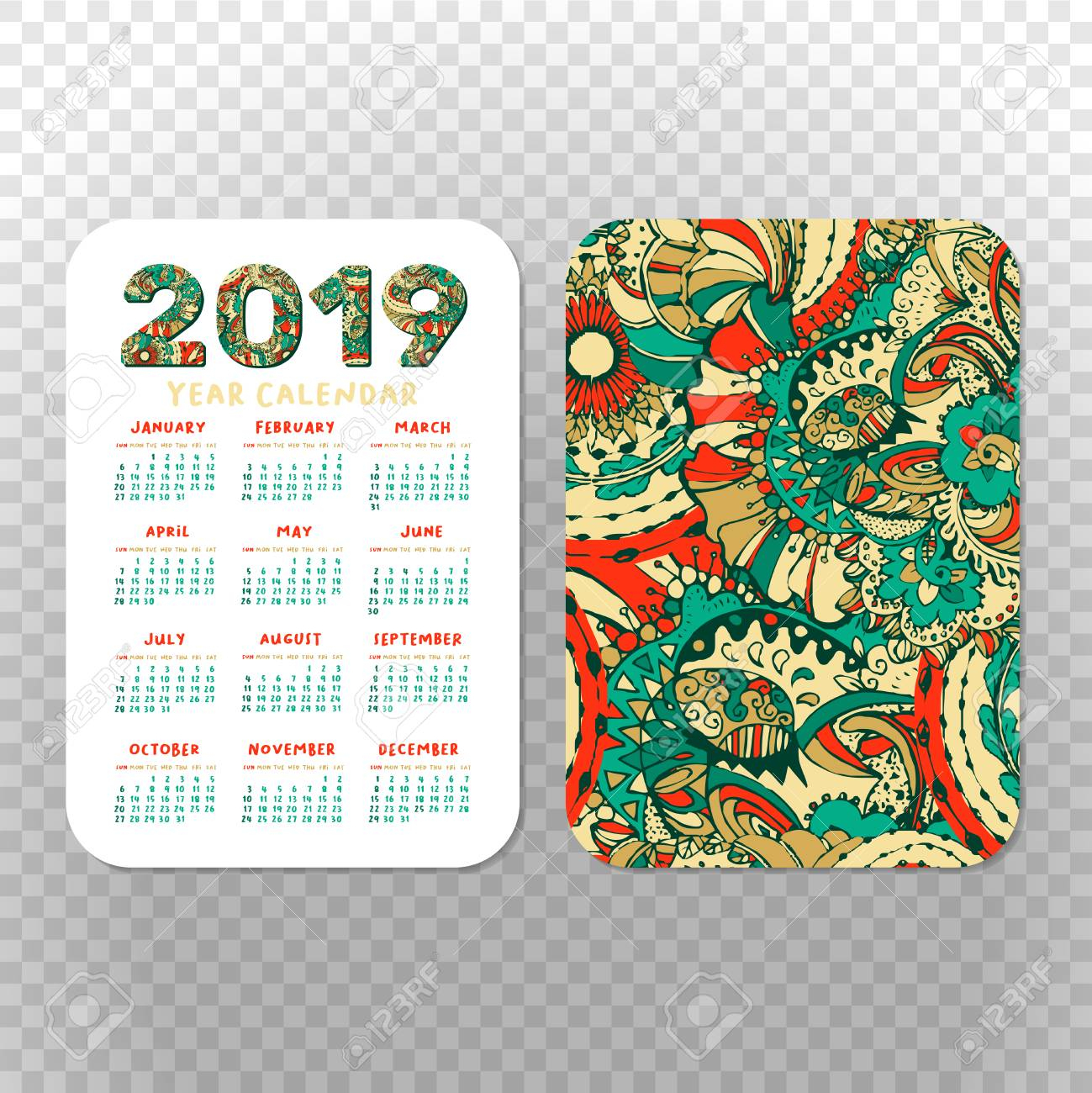 2019 Pocket Calendar Basic Grid. Vector Vertical Orientation