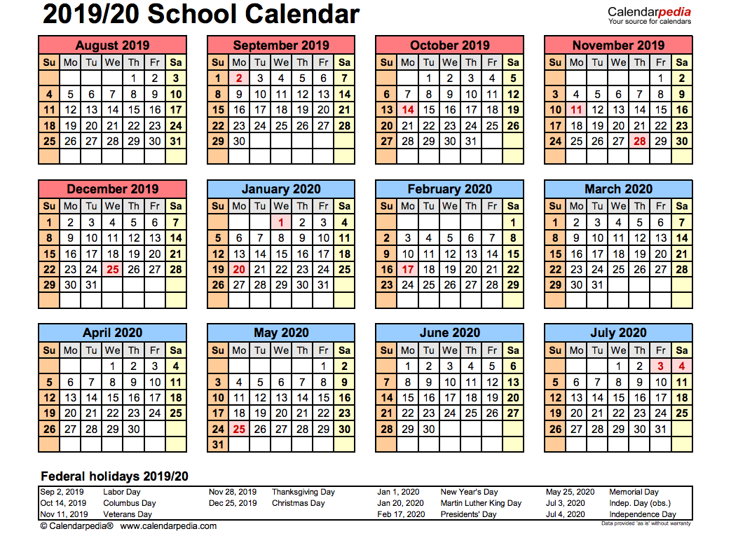 2019 School Calendar Printable | Academic 2019/2020