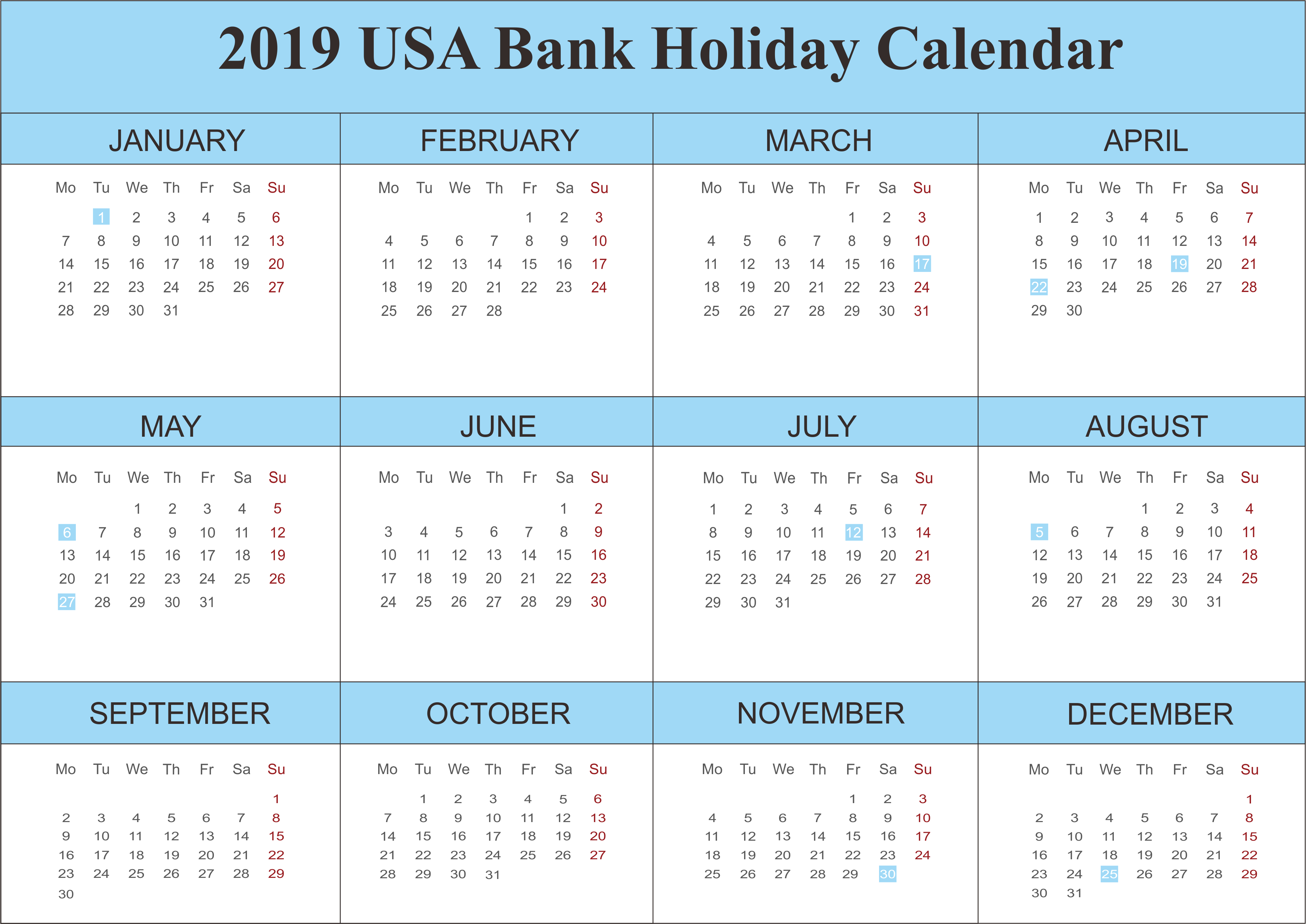 2019 Usa Bank Holidays Calendar | 250+ Free Monthly Calendar