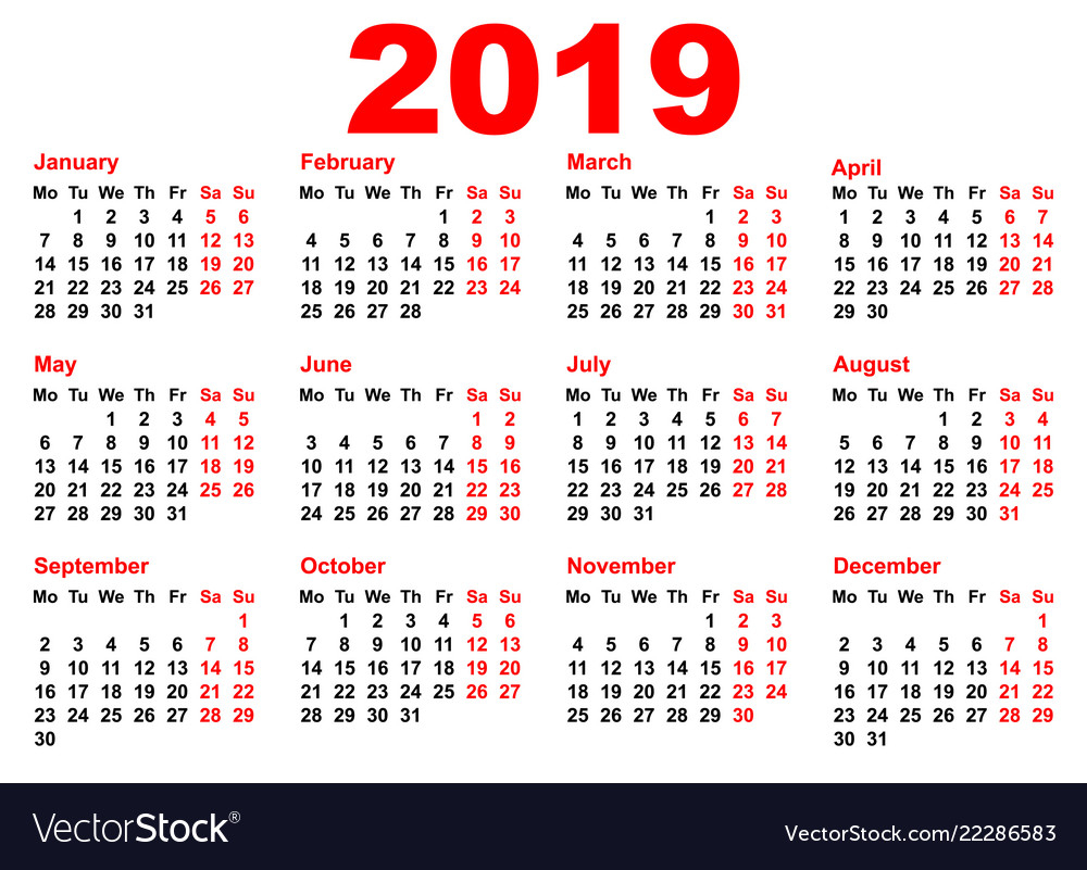 2019 Year Calendar Template Grid Pocket Horizontal