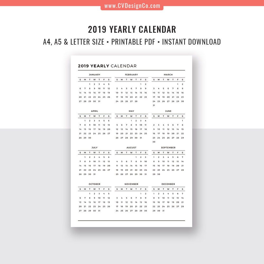2019 Yearly Calendar And 2020 Yearly Calendar, 2019 - 2020 Yearly Calendar,  Digital Printable Planner Inserts. Filofax A5, A4, Letter Size