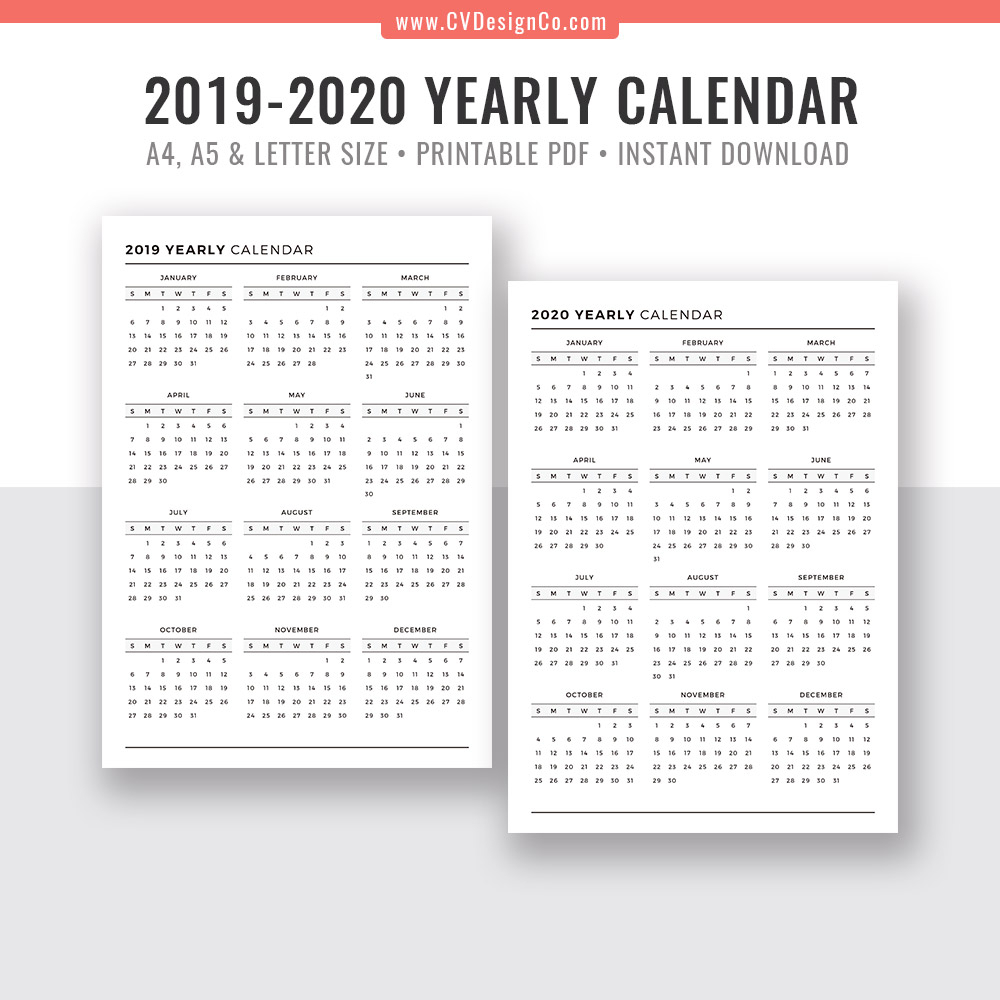 2019 Yearly Calendar And 2020 Yearly Calendar, 2019 - 2020 Yearly Calendar,  Digital Printable Planner Inserts. Filofax A5, A4, Letter Size