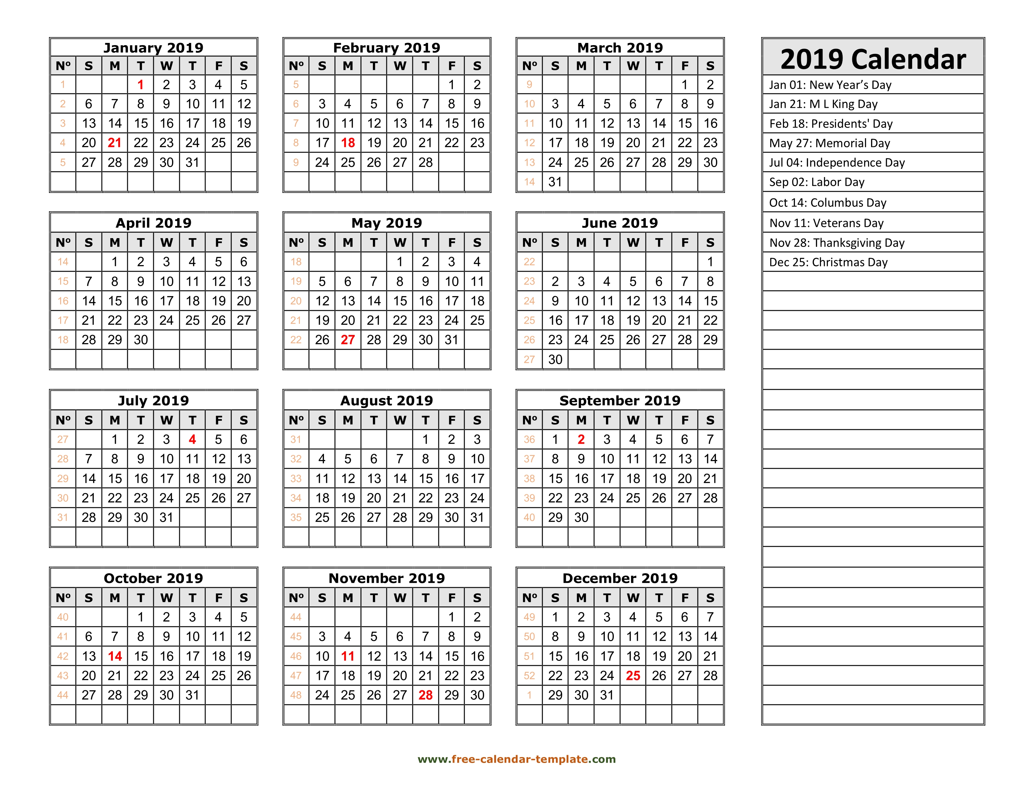 2019 Yearly Calendar Printable With Week Numbers | Free