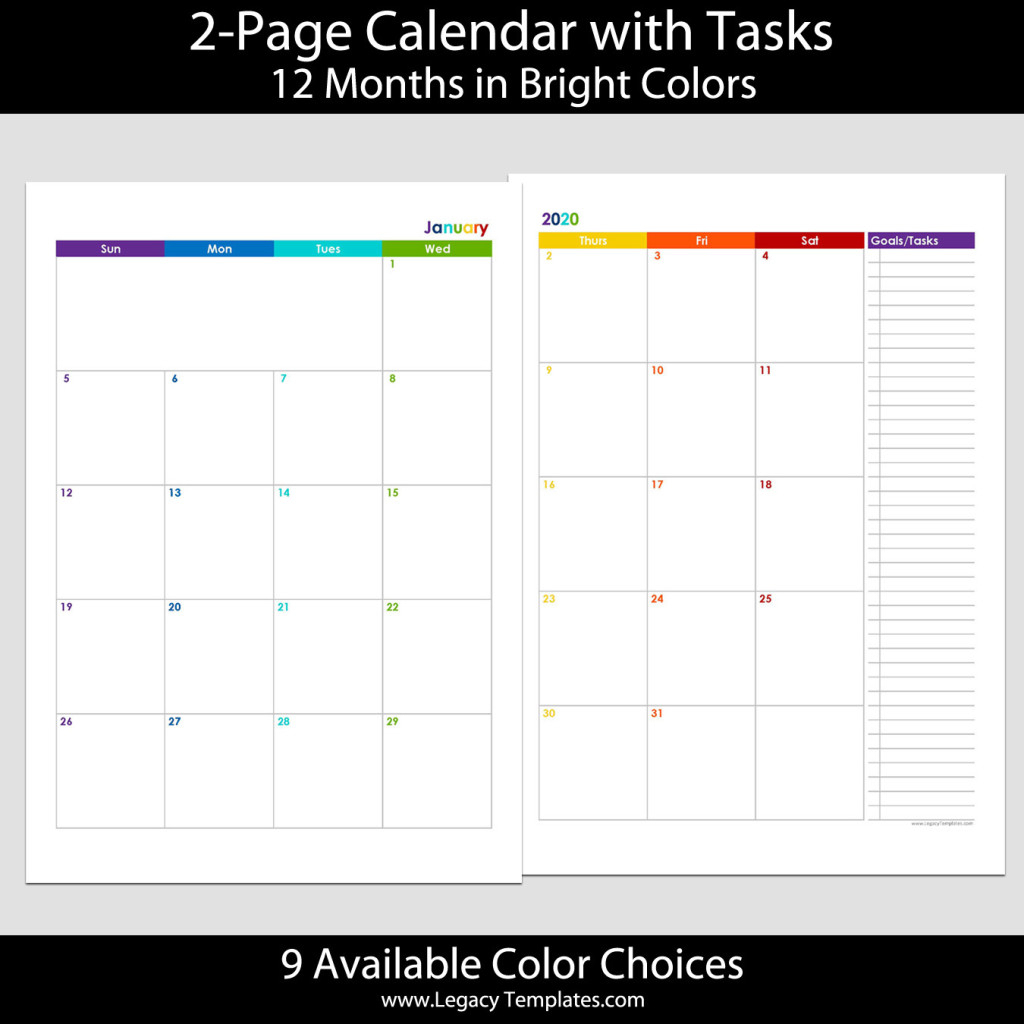 2020 12-Months 2-Page Calendar – A4 | Legacy Templates