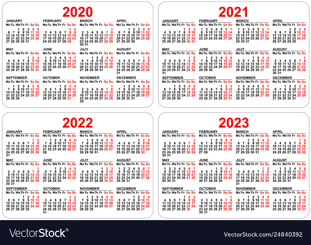 2020 2021 2022 2023 Years Set Pocket Calendar Vector Image