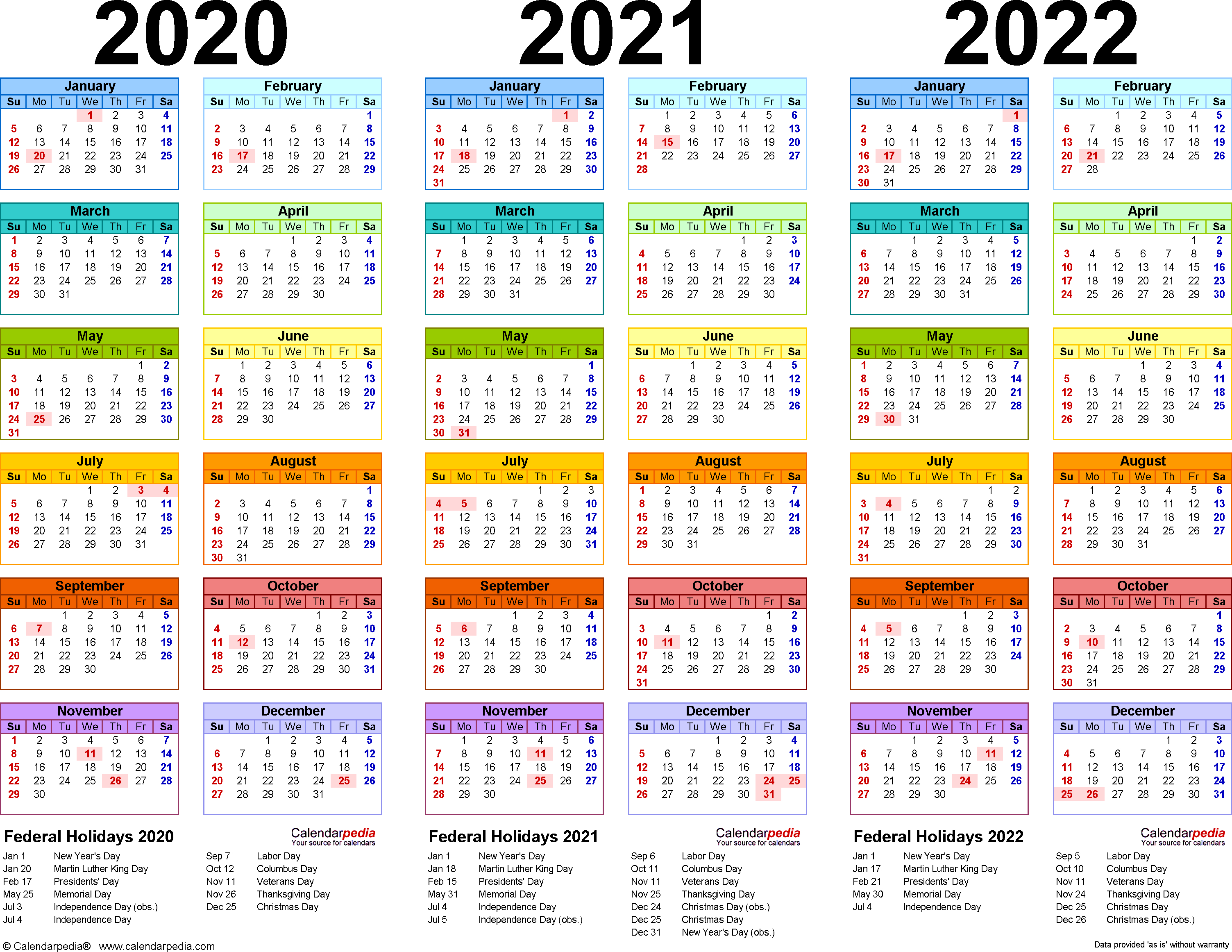 2020/2021/2022 Calendar - 4 Three-Year Printable Excel Calendars