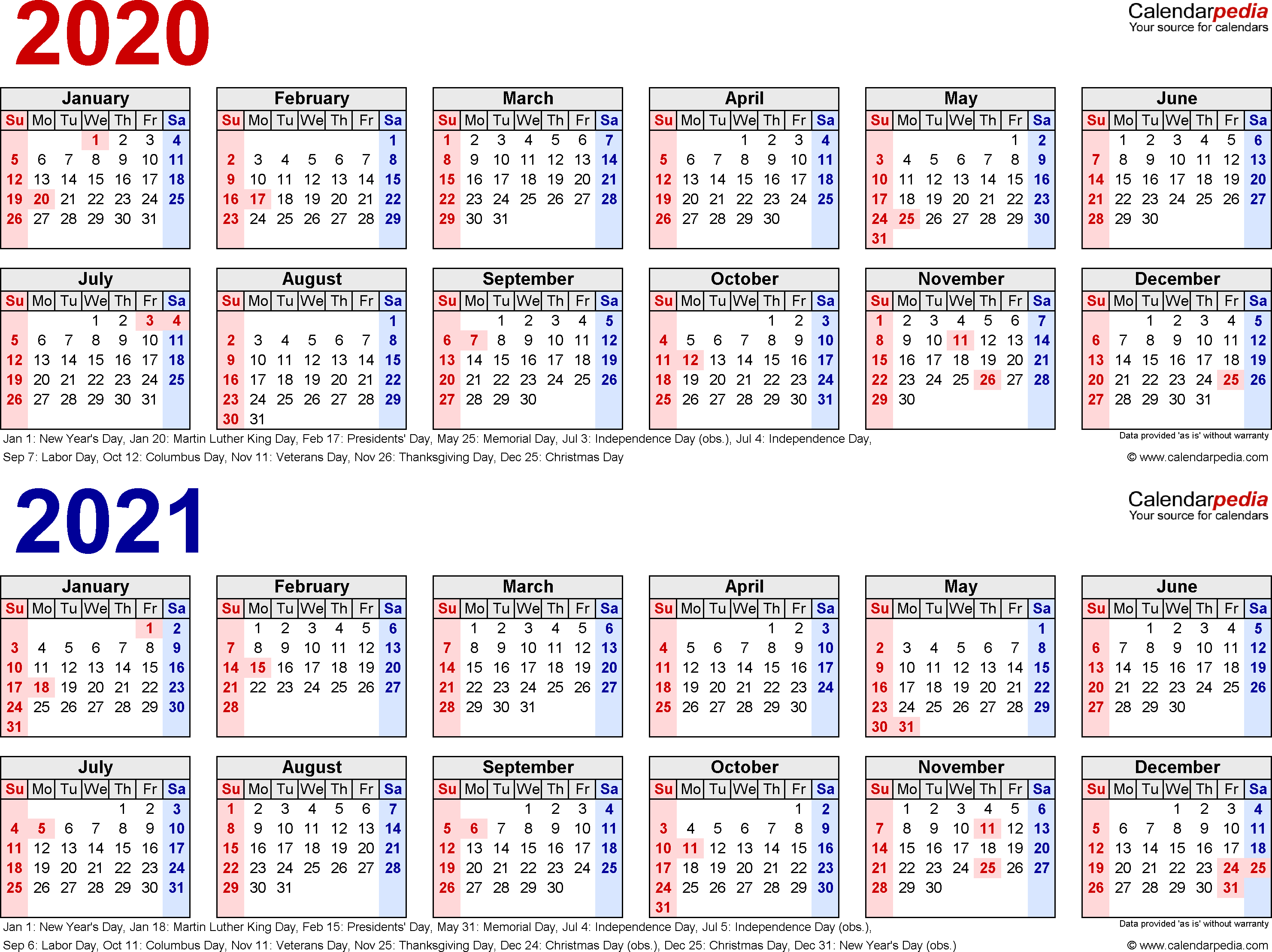 2020-2021 Calendar - Free Printable Two-Year Excel Calendars