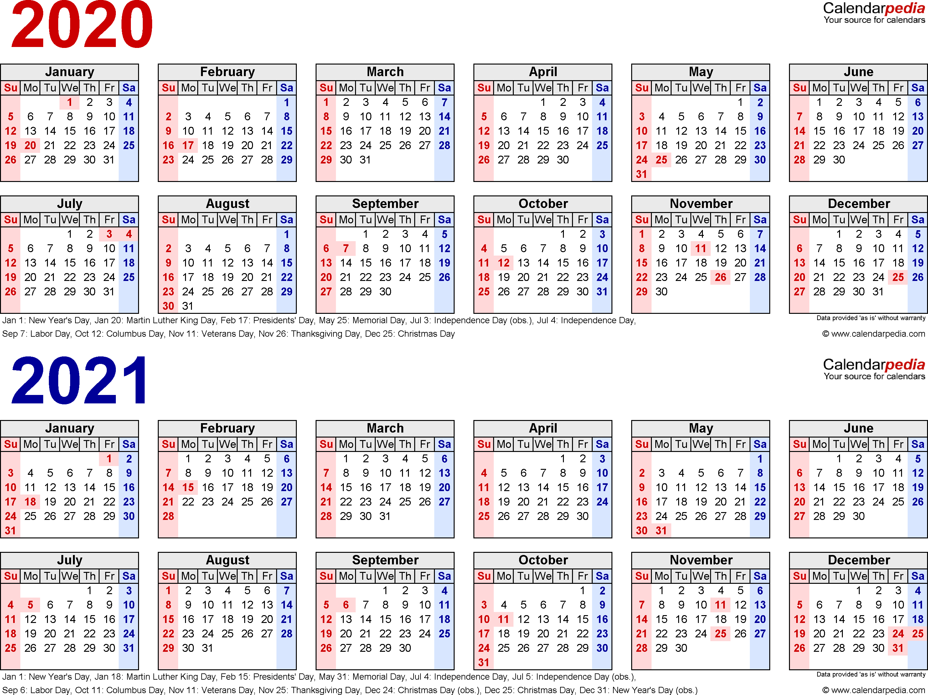 2020-2021 Calendar - Free Printable Two-Year Word Calendars