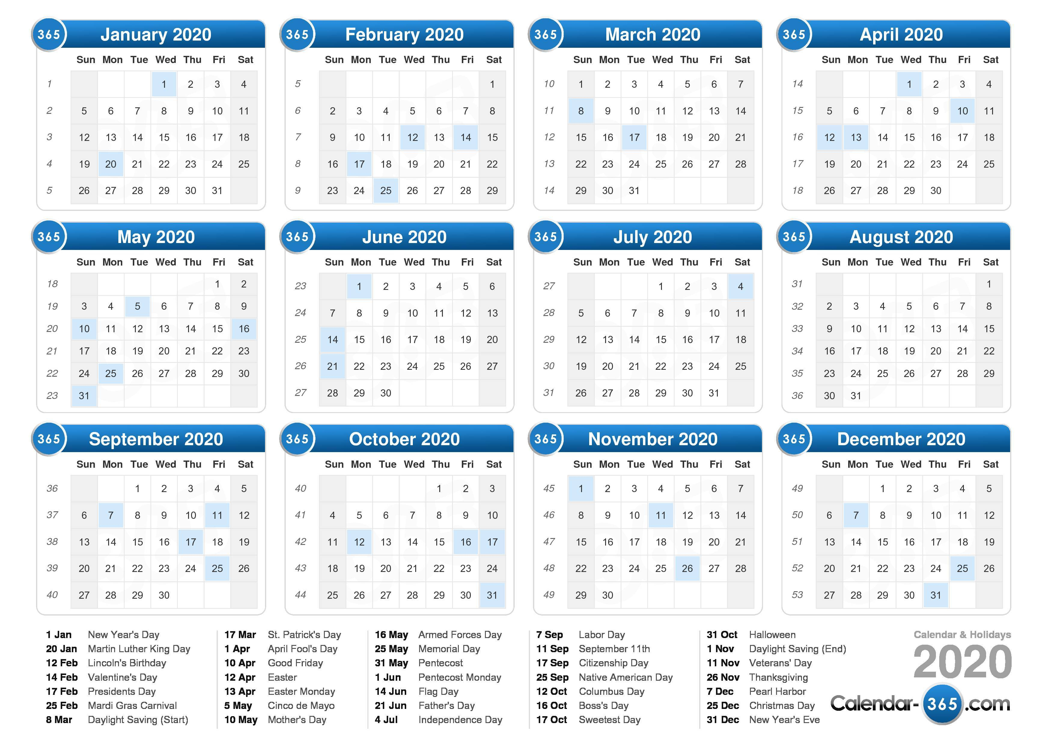 2020 Calendar With Week Numbers Printable