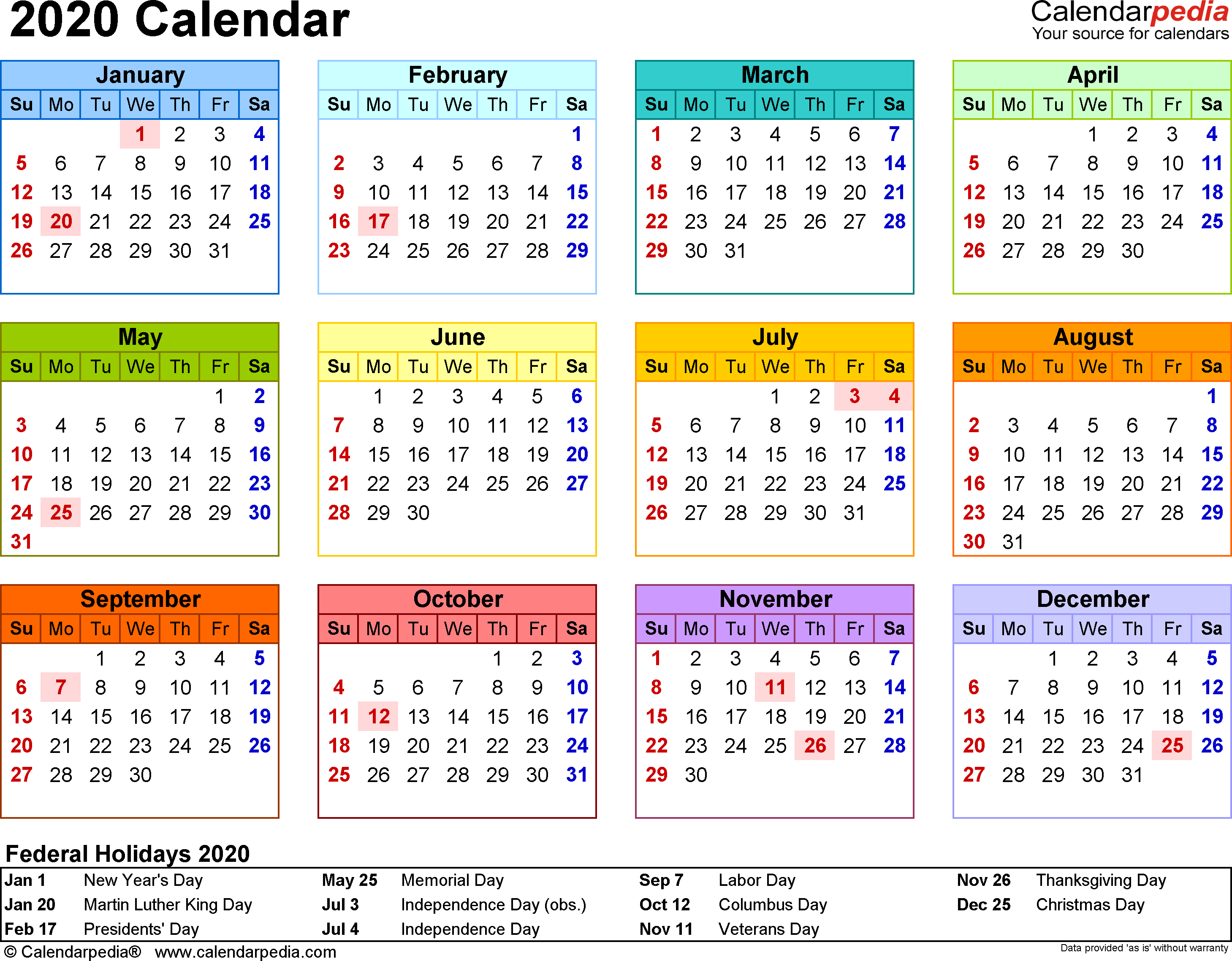 2020 Printable Employee Calendar Free