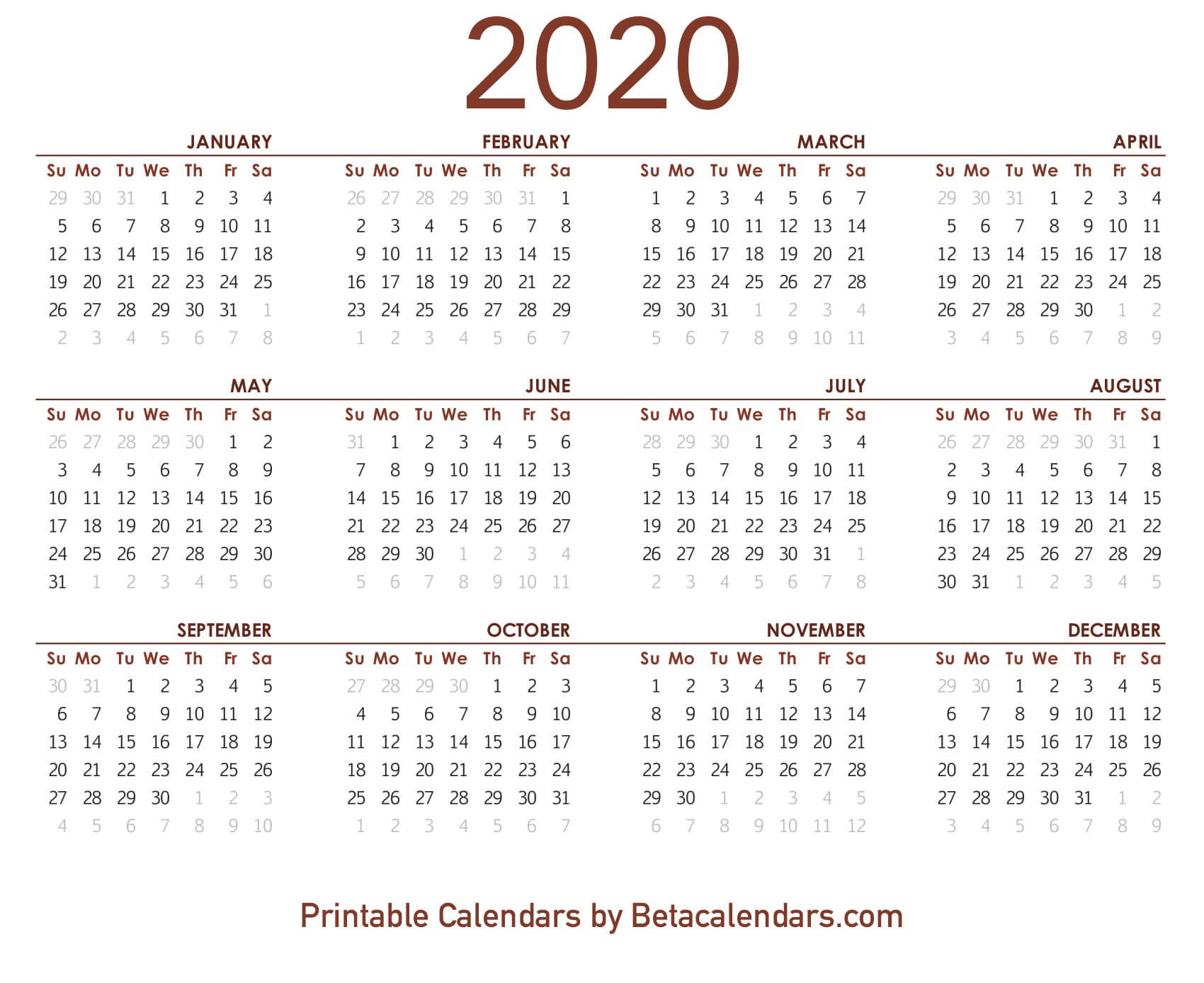 2020 Calendar - Beta Calendars