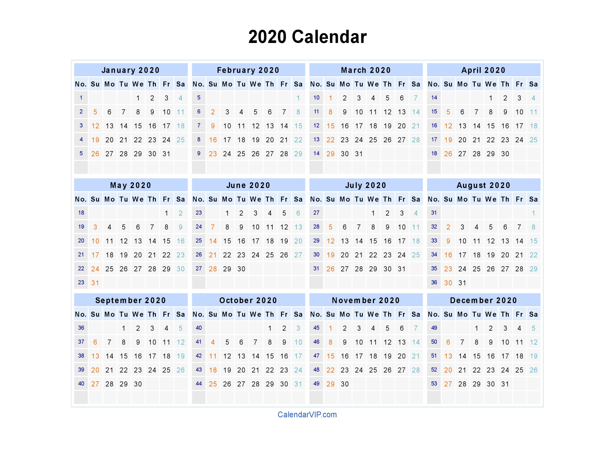 Calendar 2020 Printable Microsoft Word