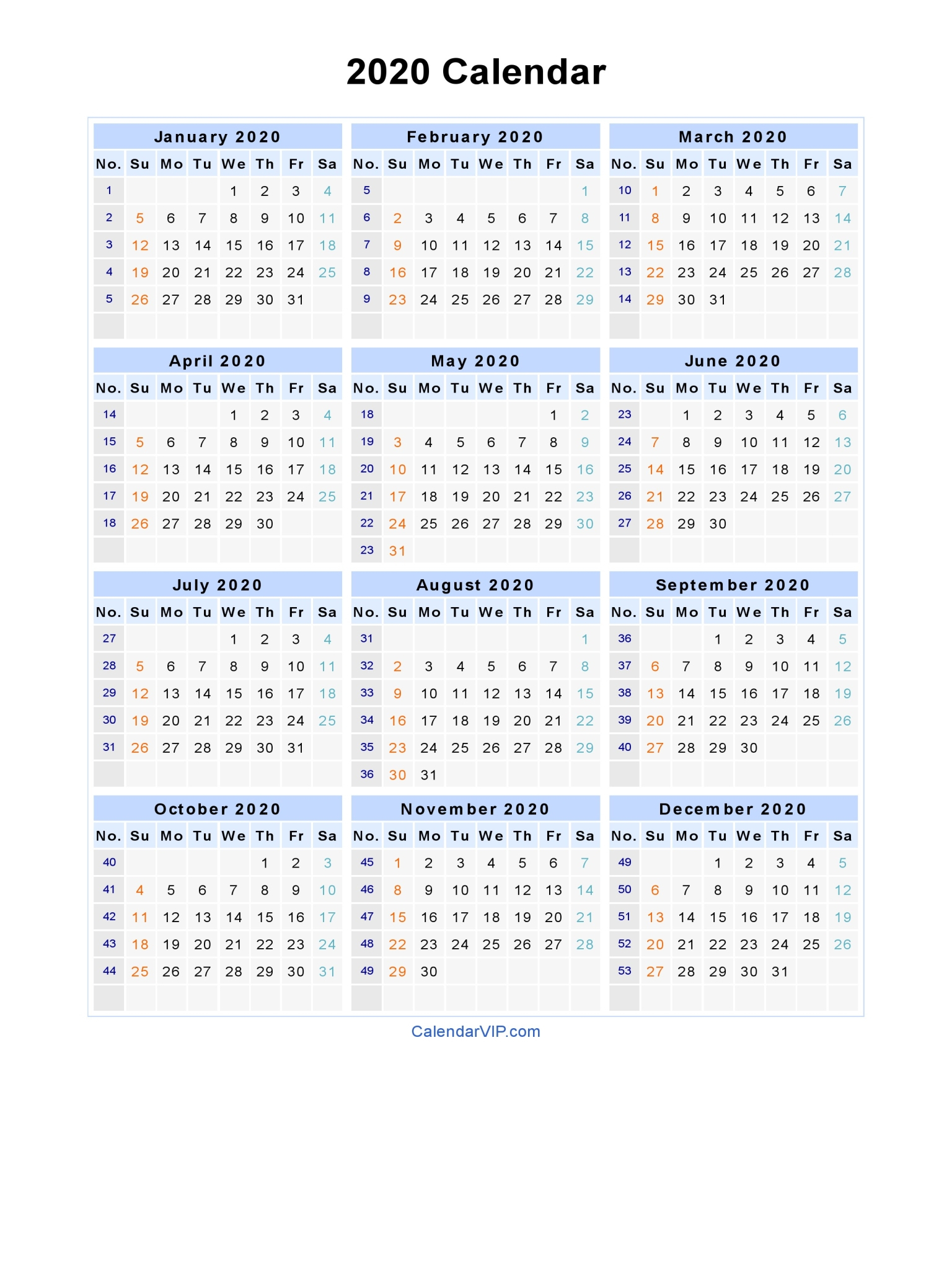 2020 Calendar - Blank Printable Calendar Template In Pdf