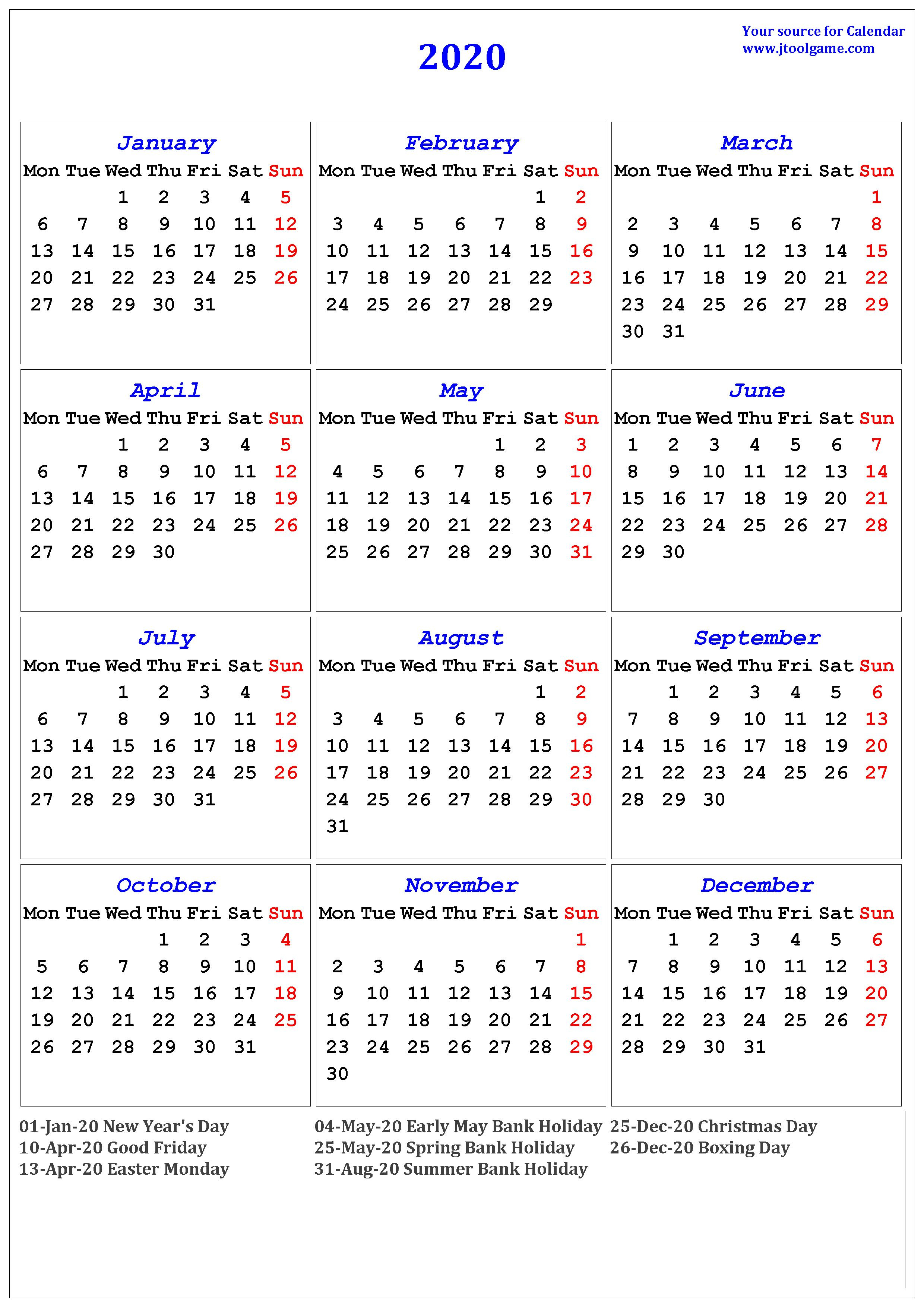 2020 Calendar Canada Printable With Holidays | Calendar