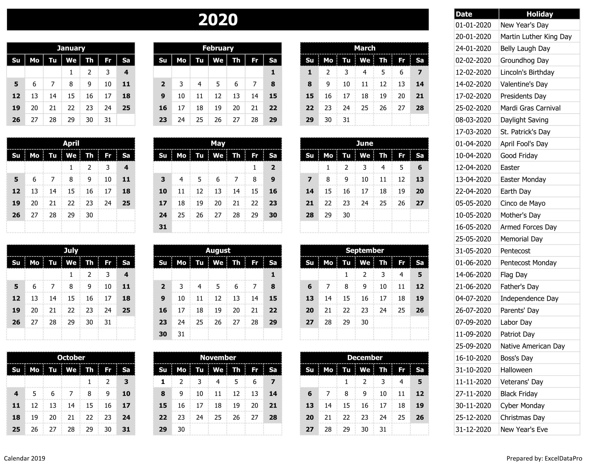 2020 Calendar Excel Templates, Printable Pdfs &amp; Images