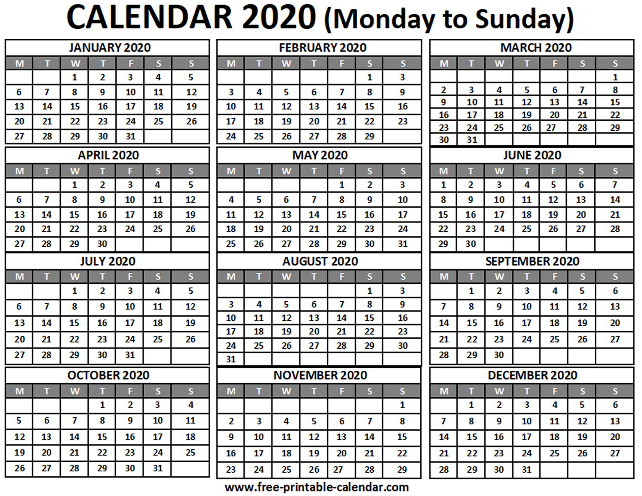 Printable Calendar 2020 Monday Start